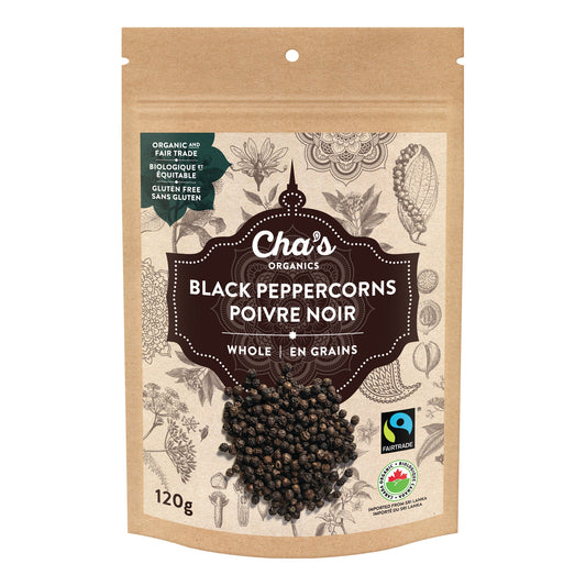 Cha's Organics Organic Spices Family Size Pouches, True Cinnamon, Turmeric, Black Pepper, Cumin, Coriander, Masala Curry and More, Case of 6 - Black Peppercorns, Whole, 6 x 120g