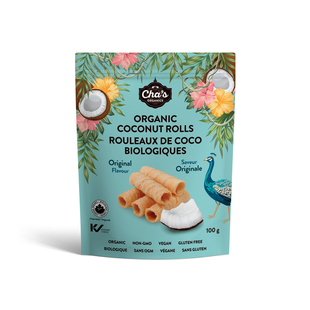 Cha's Organics Crispy Coconut Wafer Rolls, Original, Chocolate, Ginger, Chocolate Filled, Passion Fruit or Salted Caramel, Gluten-Free, Case of 12 x 100g - Original