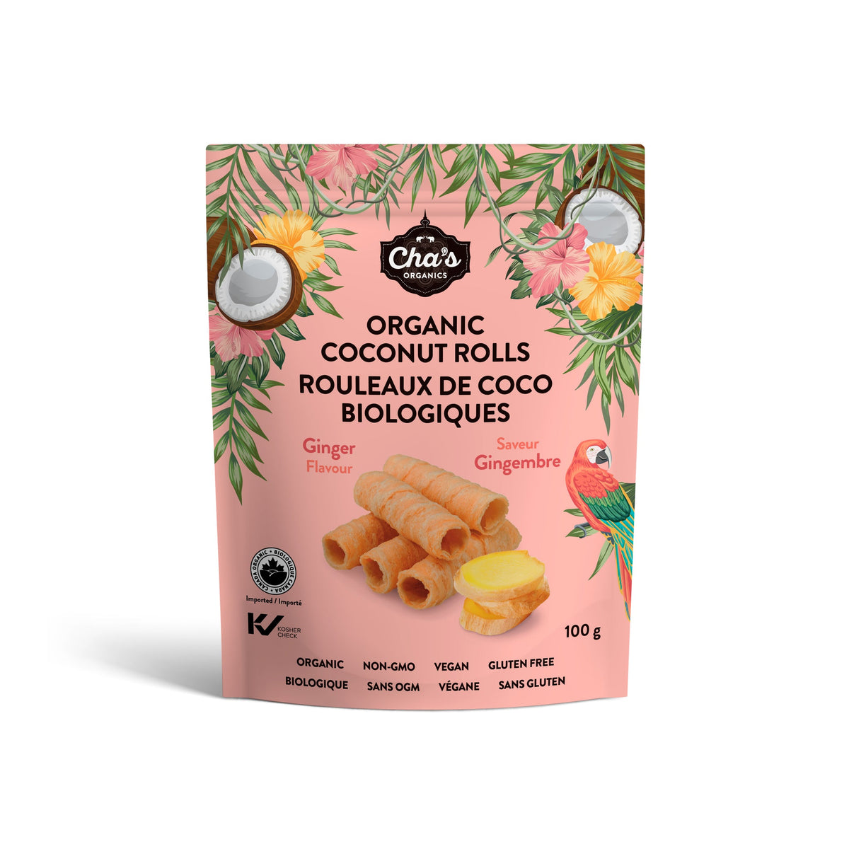 Cha's Organics Crispy Coconut Wafer Rolls, Original, Chocolate, Ginger, Chocolate Filled, Passion Fruit or Salted Caramel, Gluten-Free, Case of 12 x 100g - Ginger