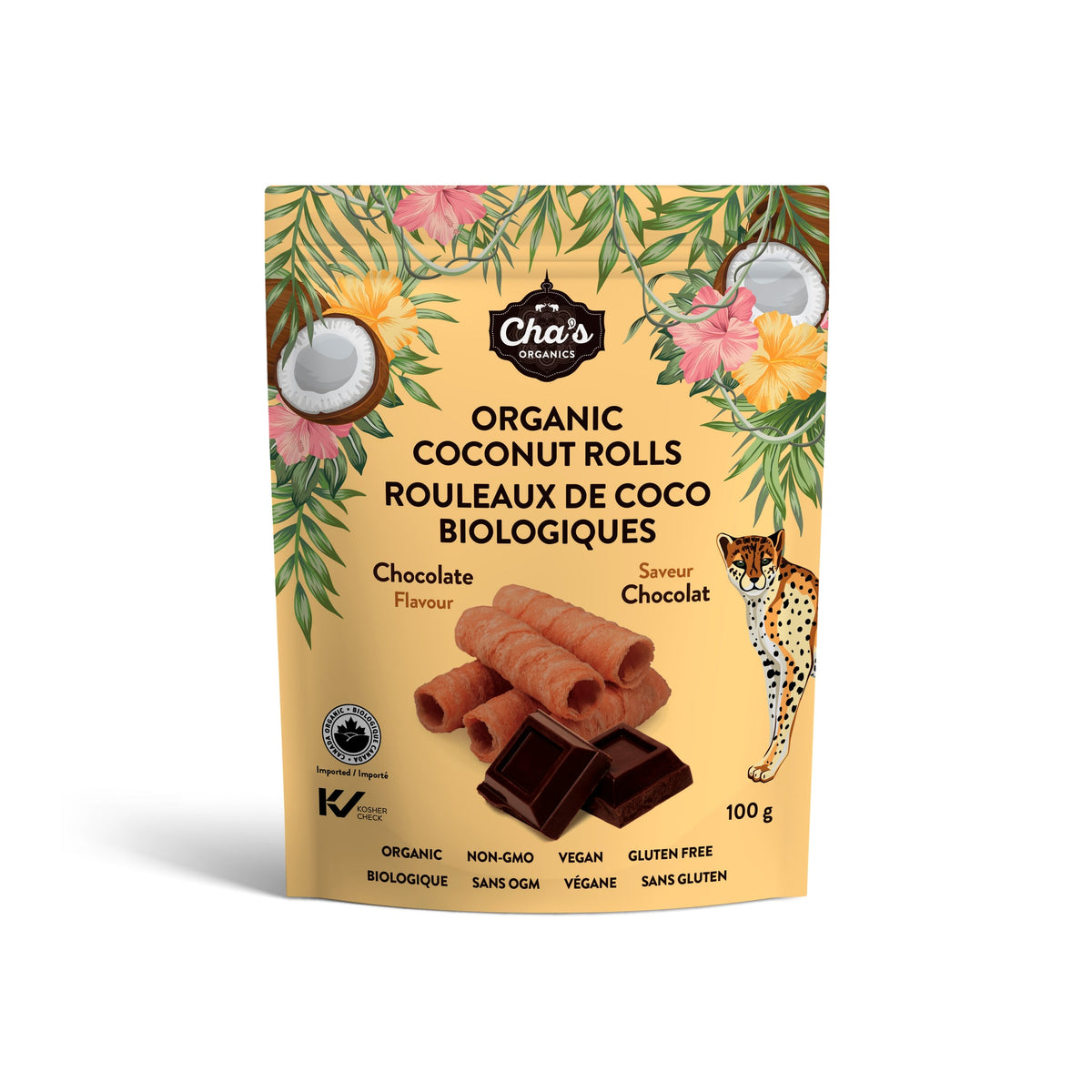 Cha's Organics Crispy Coconut Wafer Rolls, Original, Chocolate, Ginger, Chocolate Filled, Passion Fruit or Salted Caramel, Gluten-Free, Case of 12 x 100g - Chocolate