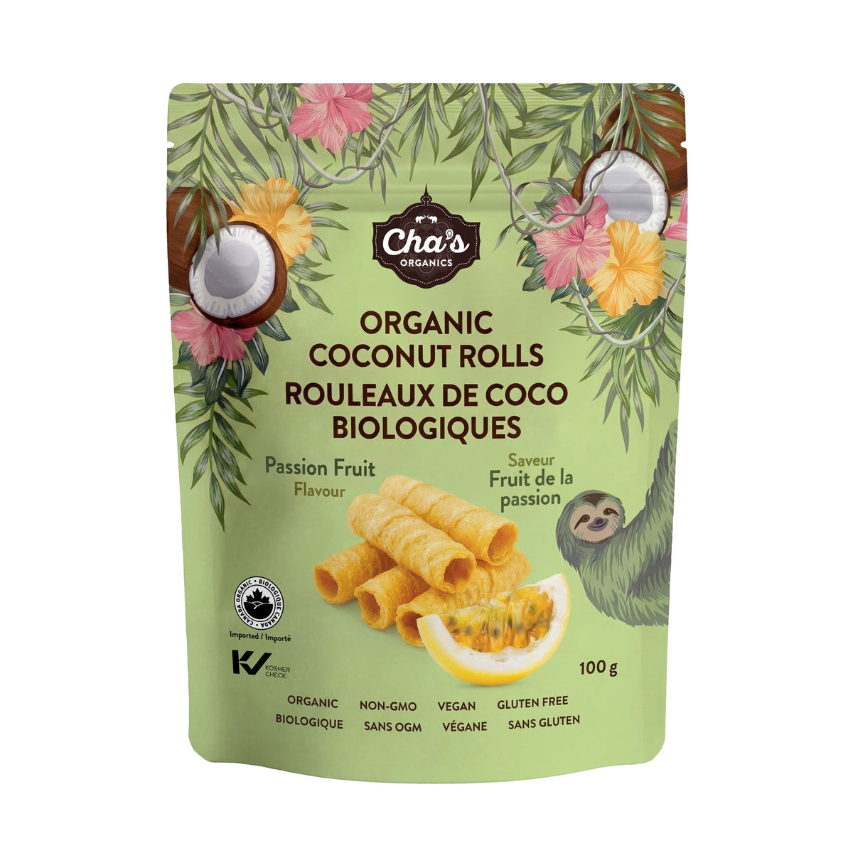 Cha's Organics Crispy Coconut Wafer Rolls, Original, Chocolate, Ginger, Chocolate Filled, Passion Fruit or Salted Caramel, Gluten-Free, Case of 12 x 100g - Passion Fruit