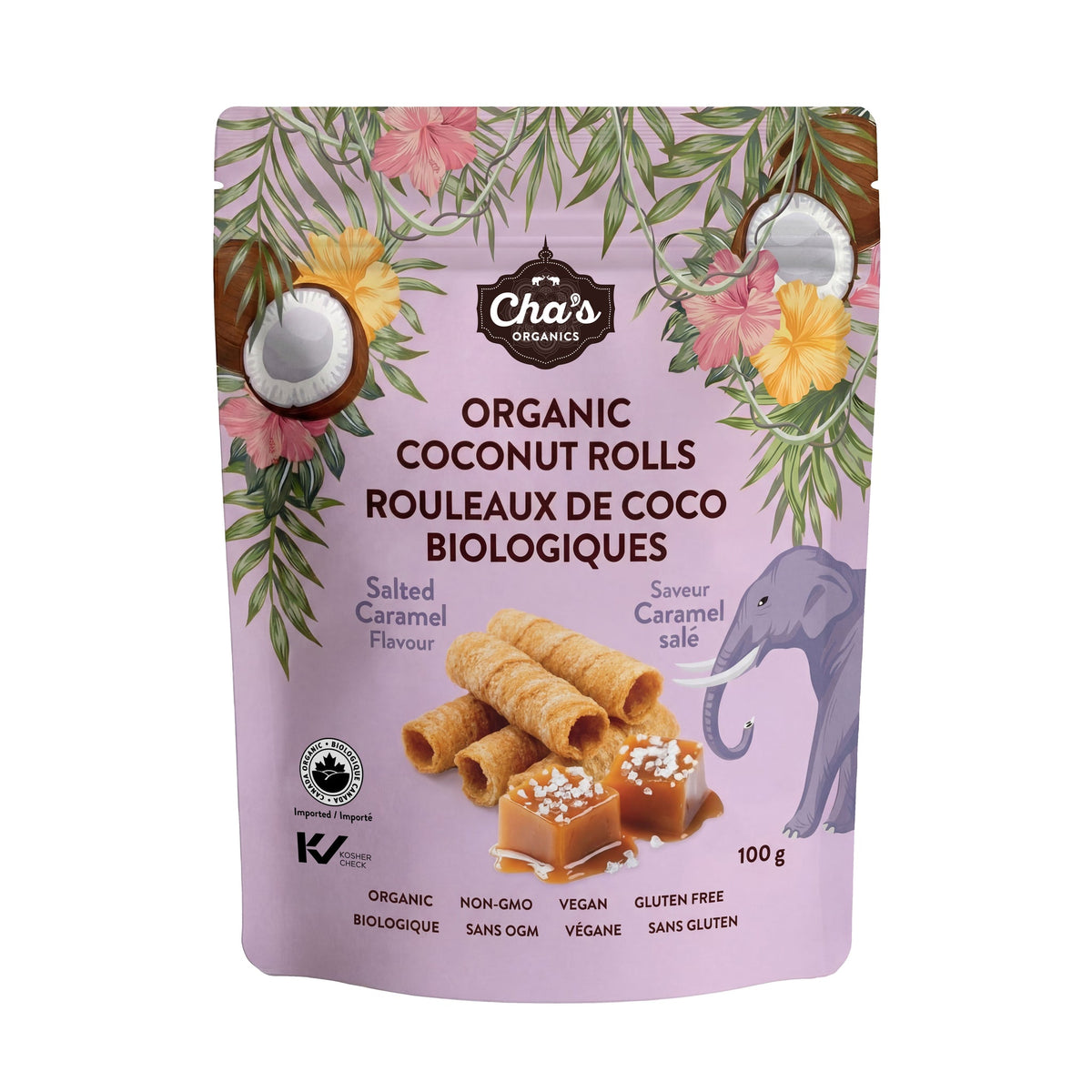 Cha's Organics Crispy Coconut Wafer Rolls, Original, Chocolate, Ginger, Chocolate Filled, Passion Fruit or Salted Caramel, Gluten-Free, Case of 12 x 100g - Salted Caramel
