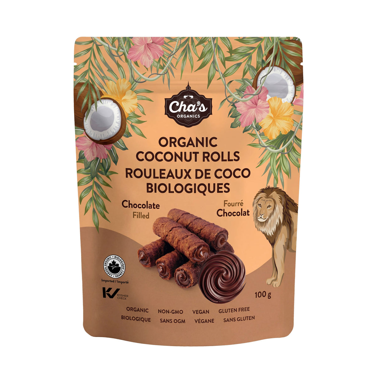 Cha's Organics Crispy Coconut Wafer Rolls, Original, Chocolate, Ginger, Chocolate Filled, Passion Fruit or Salted Caramel, Gluten-Free, Case of 12 x 100g - Chocolate Filled