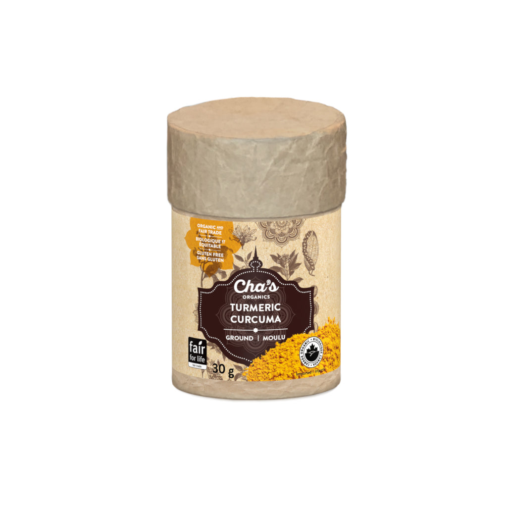 Cha's Organics Organic Spices in Upcycled Canisters, Pepper, Cinnamon, Turmeric, Cumin, Cardamom and More, Case of 6 - Turmeric, Ground, 6 x 30g