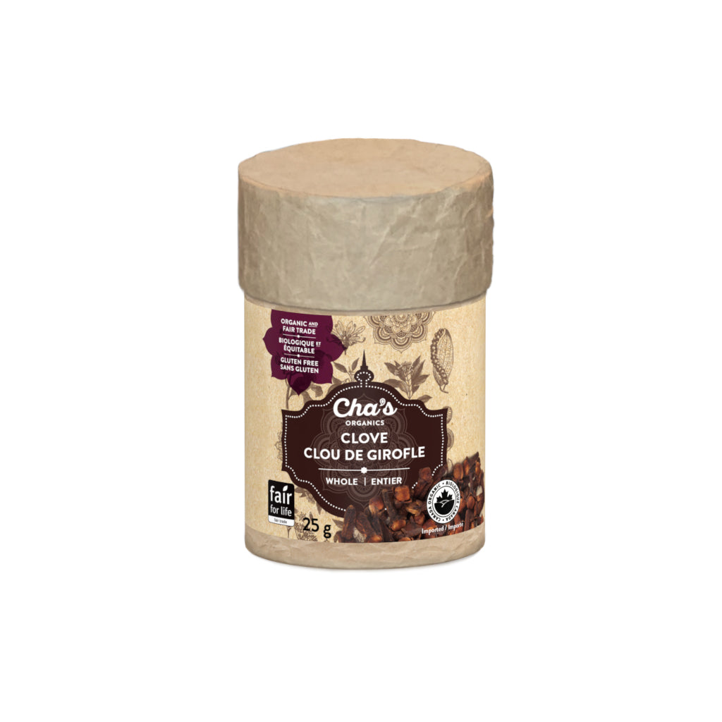 Cha's Organics Organic Spices in Upcycled Canisters, Pepper, Cinnamon, Turmeric, Cumin, Cardamom and More, Case of 6 - Clove, Whole, 6 x 25g