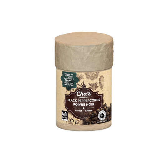Cha's Organics Organic Spices in Upcycled Canisters, Pepper, Cinnamon, Turmeric, Cumin, Cardamom and More, Case of 6 - Black Peppercorns, Whole, 6 x 30g