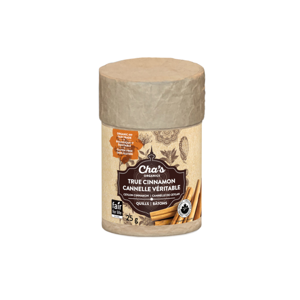 Cha's Organics Organic Spices in Upcycled Canisters, Pepper, Cinnamon, Turmeric, Cumin, Cardamom and More, Case of 6 - True Cinnamon, Quills, 6 x 25g