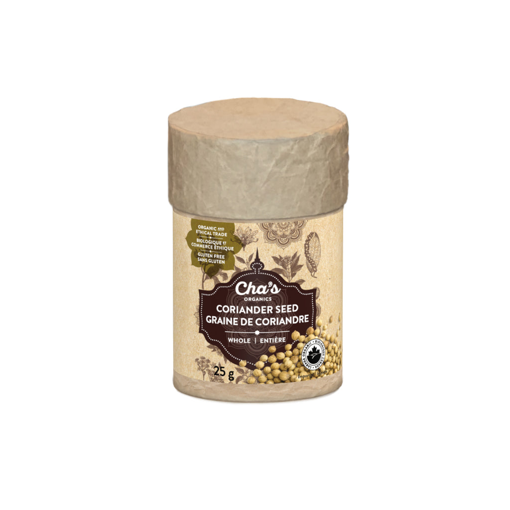 Cha's Organics Organic Spices in Upcycled Canisters, Pepper, Cinnamon, Turmeric, Cumin, Cardamom and More, Case of 6 - Coriander Seed, Whole, 6 x 25g