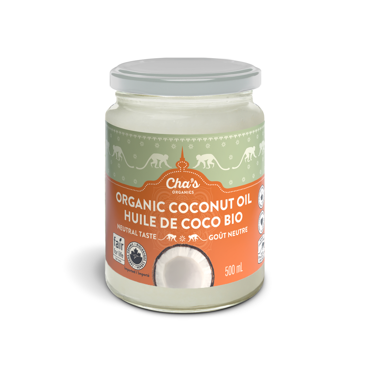Cha's Organics Organic Coconut Oil, Virgin Cold-Pressed or Deodorized, Unbleached, Non-Hydrogenated, 500ml Glass Jar - Deodorized, 500ml