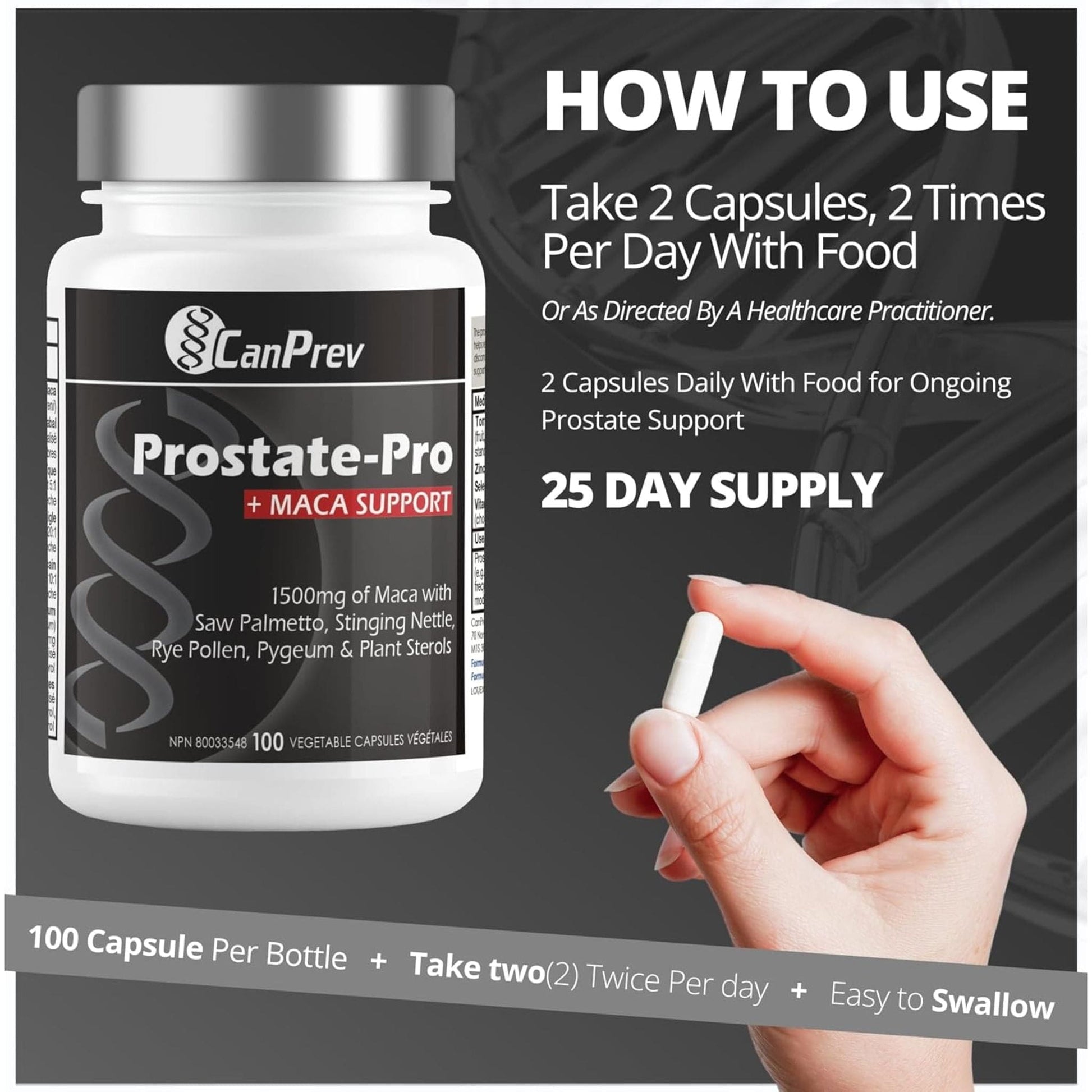 100 Vegetable Capsules | CanPrev Prostate-Pro + Maca Support