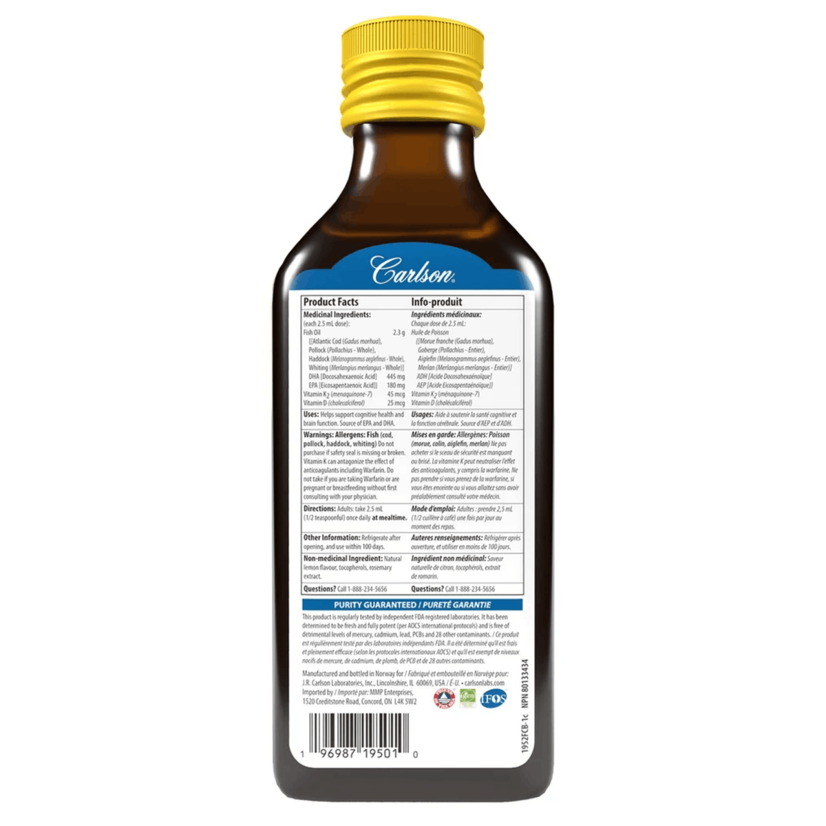 Carlson Wild Norwegian Omega-3 Oil 715mg Plus Vitamin D and K, 200ml