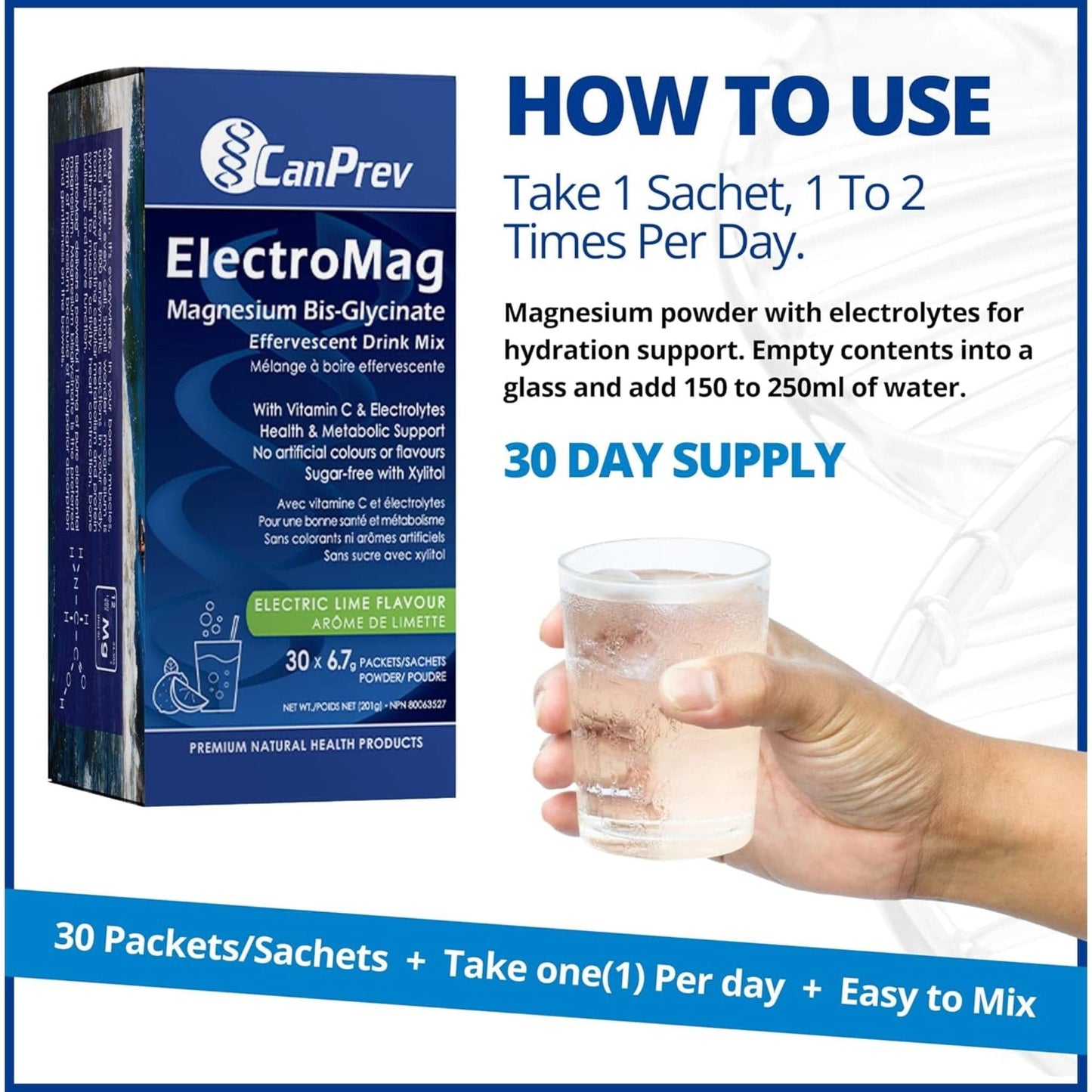 Electric Lime Flavour, 30 Packets | CanPrev ElectroMag Magnesium Bis-Glycinate Effervescent Drink Mix
