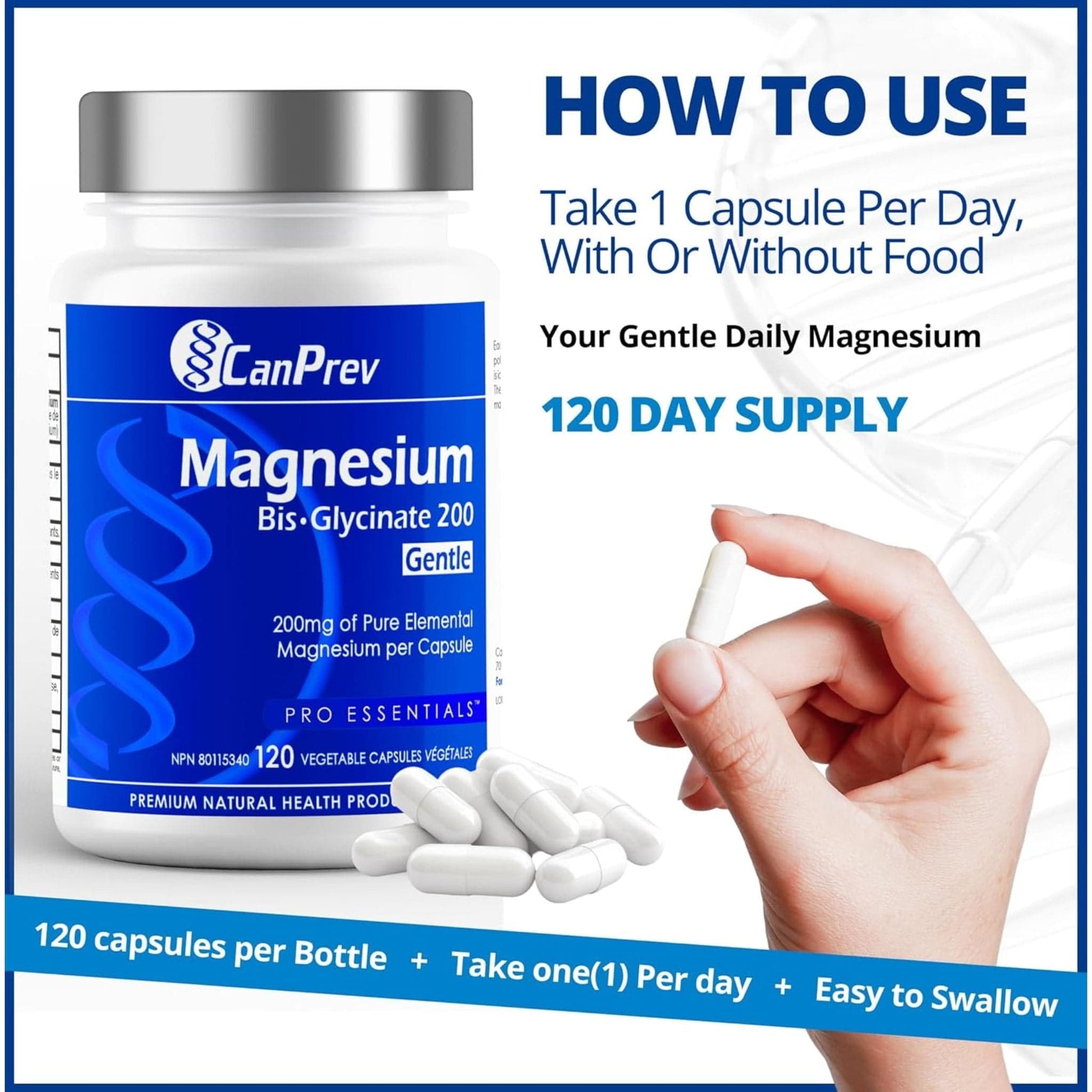 120 Vegetable Capsules | CanPrev Magnesium Bisglycinate 200mg Gentle