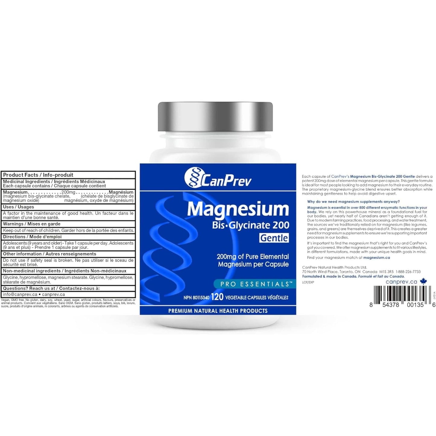 120 Vegetable Capsules | CanPrev Magnesium Bisglycinate 200mg Gentle