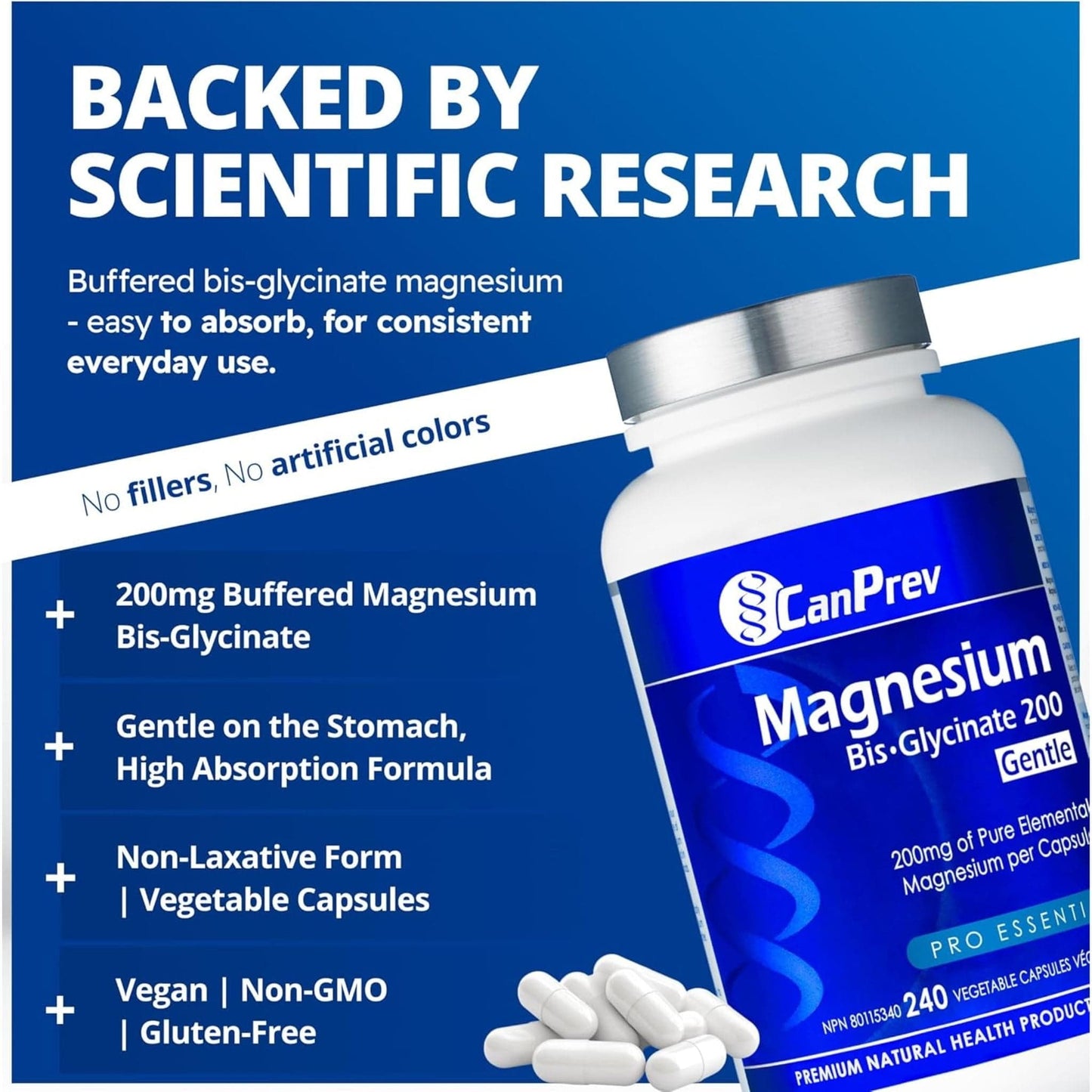 240 Vegetable Capsules | CanPrev Magnesium Bisglycinate 200mg Gentle