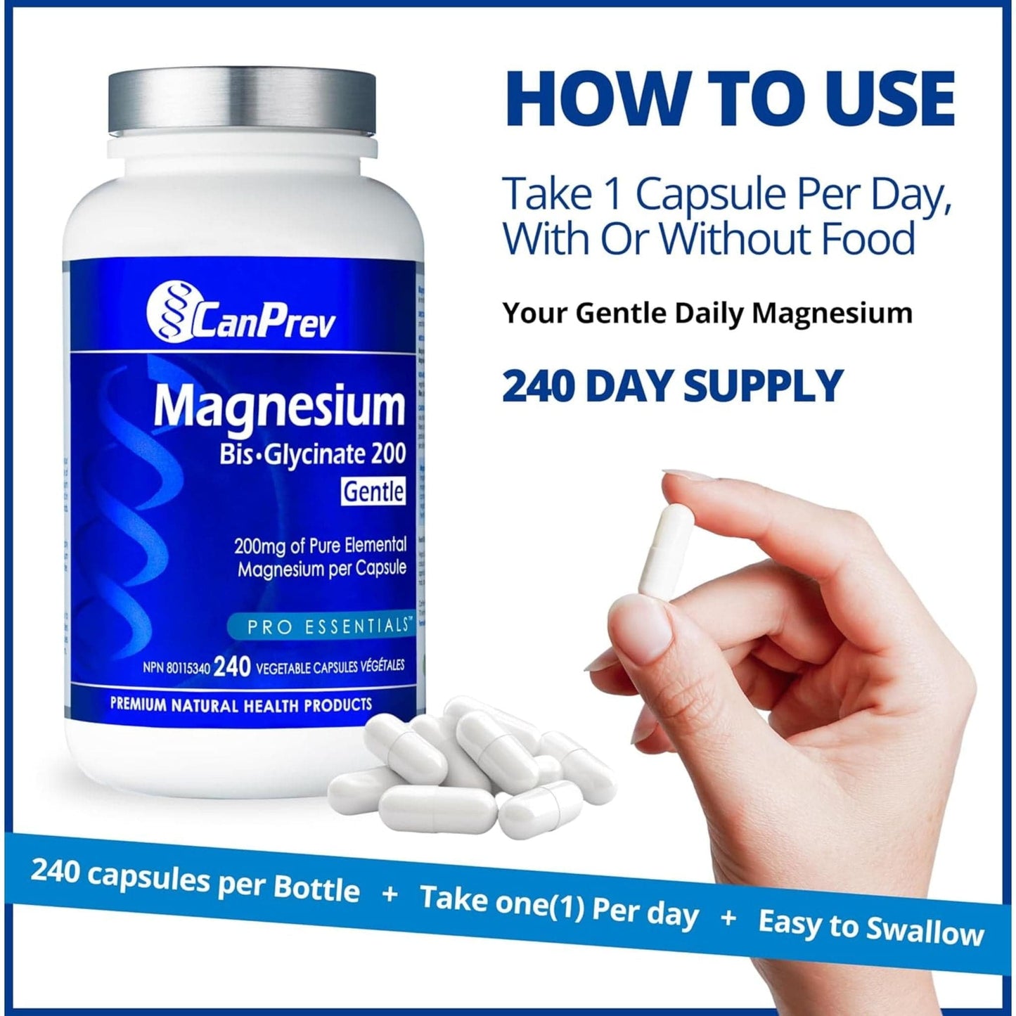 240 Vegetable Capsules | CanPrev Magnesium Bisglycinate 200mg Gentle