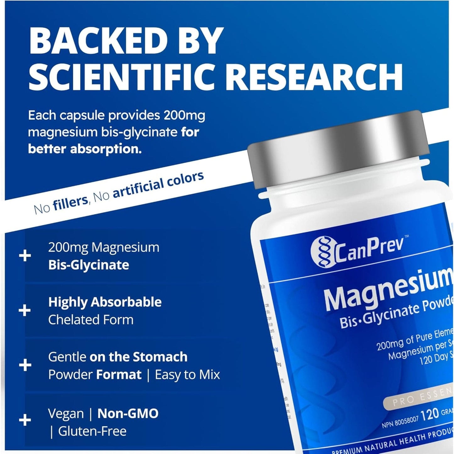 Unflavoured, 120g | CanPrev Magnesium Bis-Glycinate 200mg Powder 