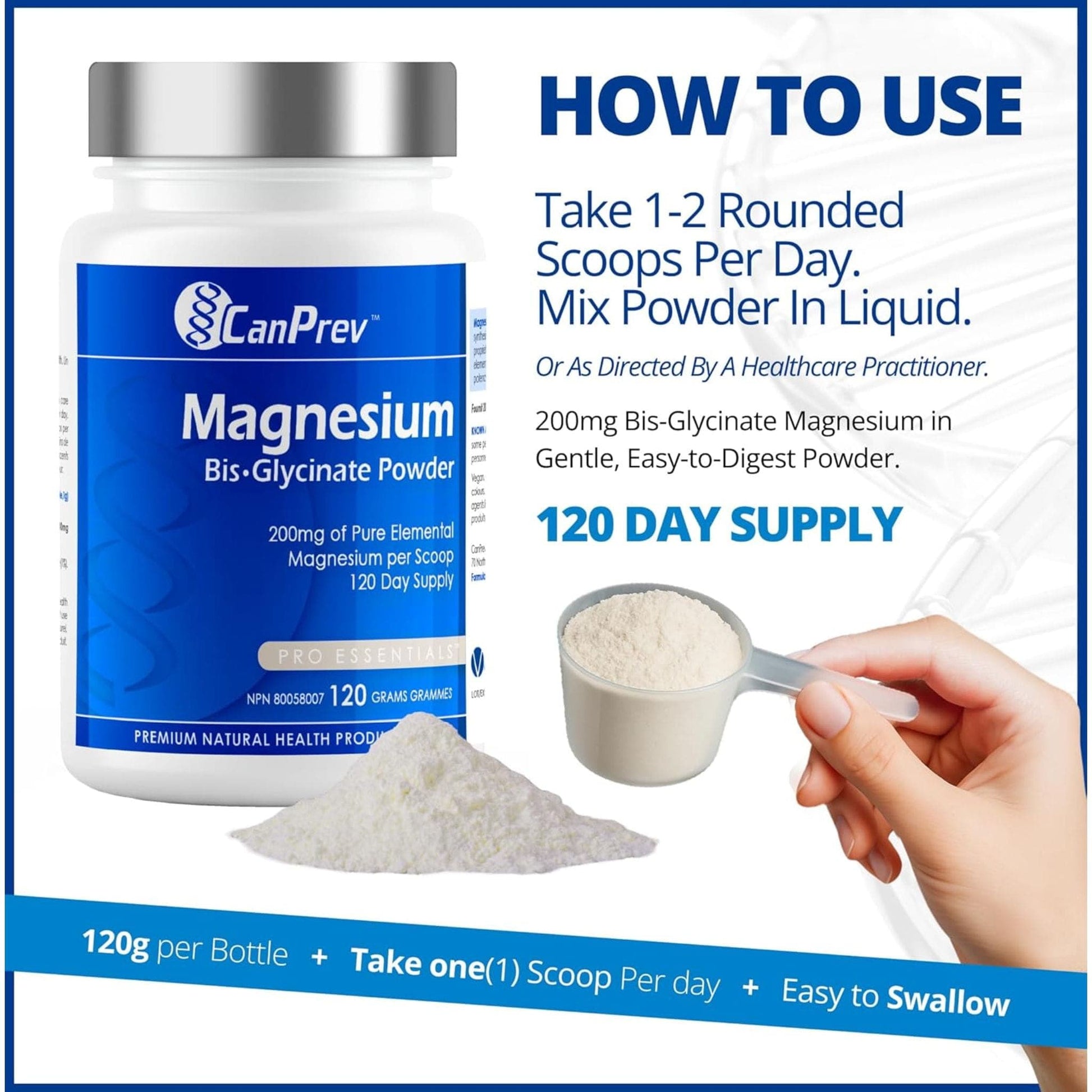 Unflavoured, 120g | CanPrev Magnesium Bis-Glycinate 200mg Powder 