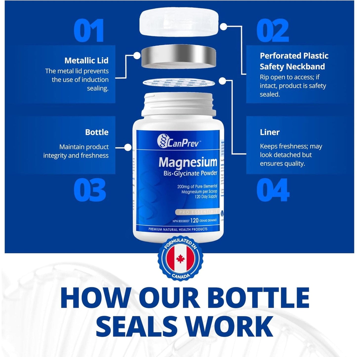Unflavoured, 120g | CanPrev Magnesium Bis-Glycinate 200mg Powder 