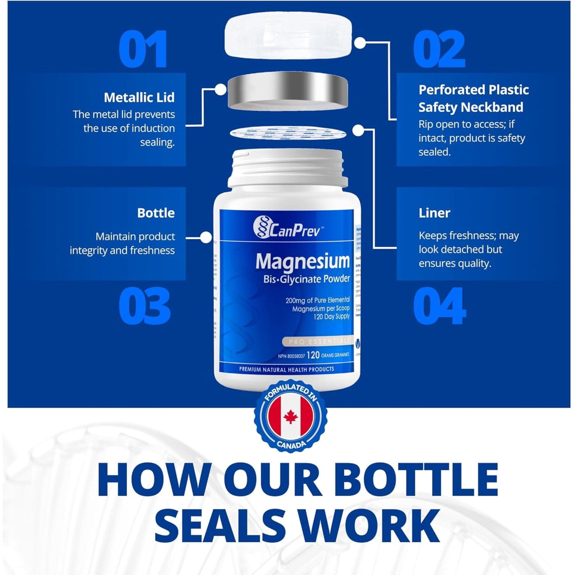 Unflavoured, 120g | CanPrev Magnesium Bis-Glycinate 200mg Powder 