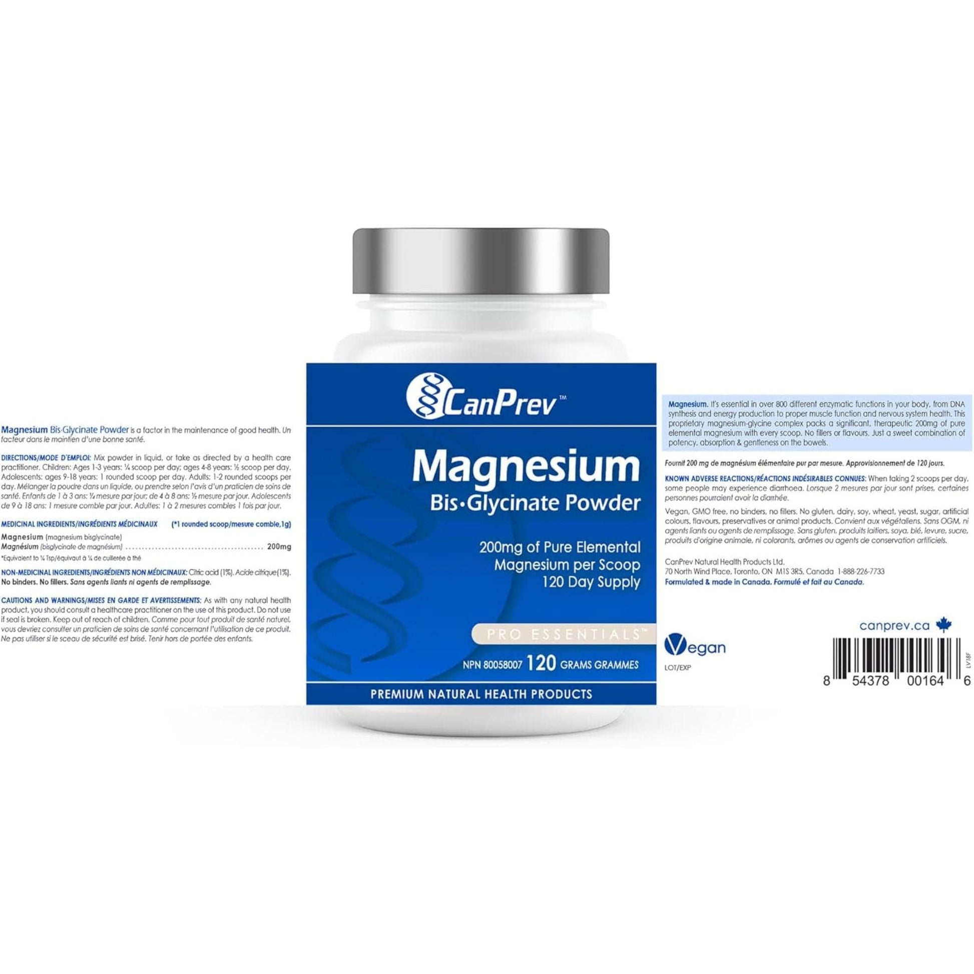 Unflavoured, 120g | CanPrev Magnesium Bis-Glycinate 200mg Powder 