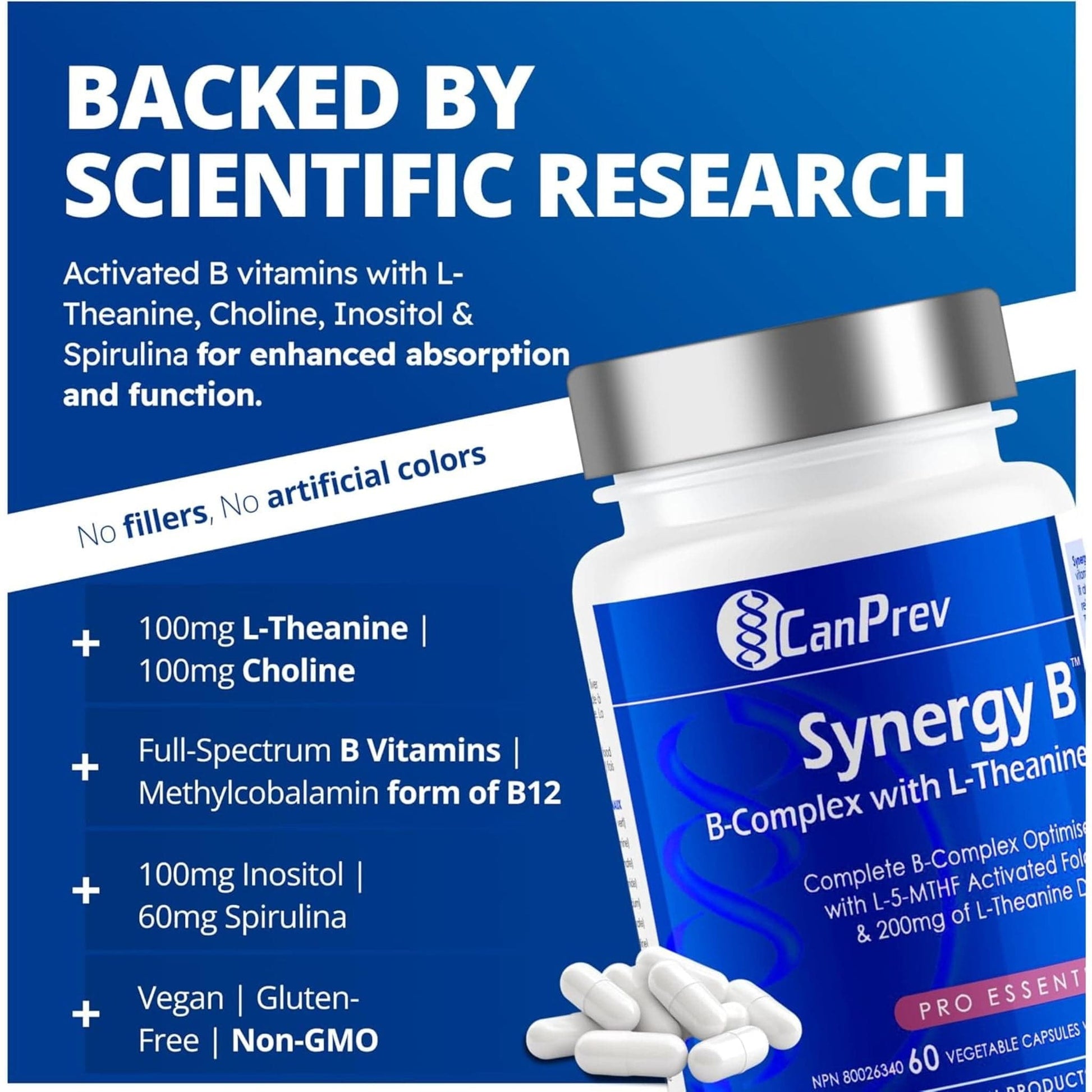 60 Vegetable Capsules | CanPrev Synergy B-Complex with L-Theanine