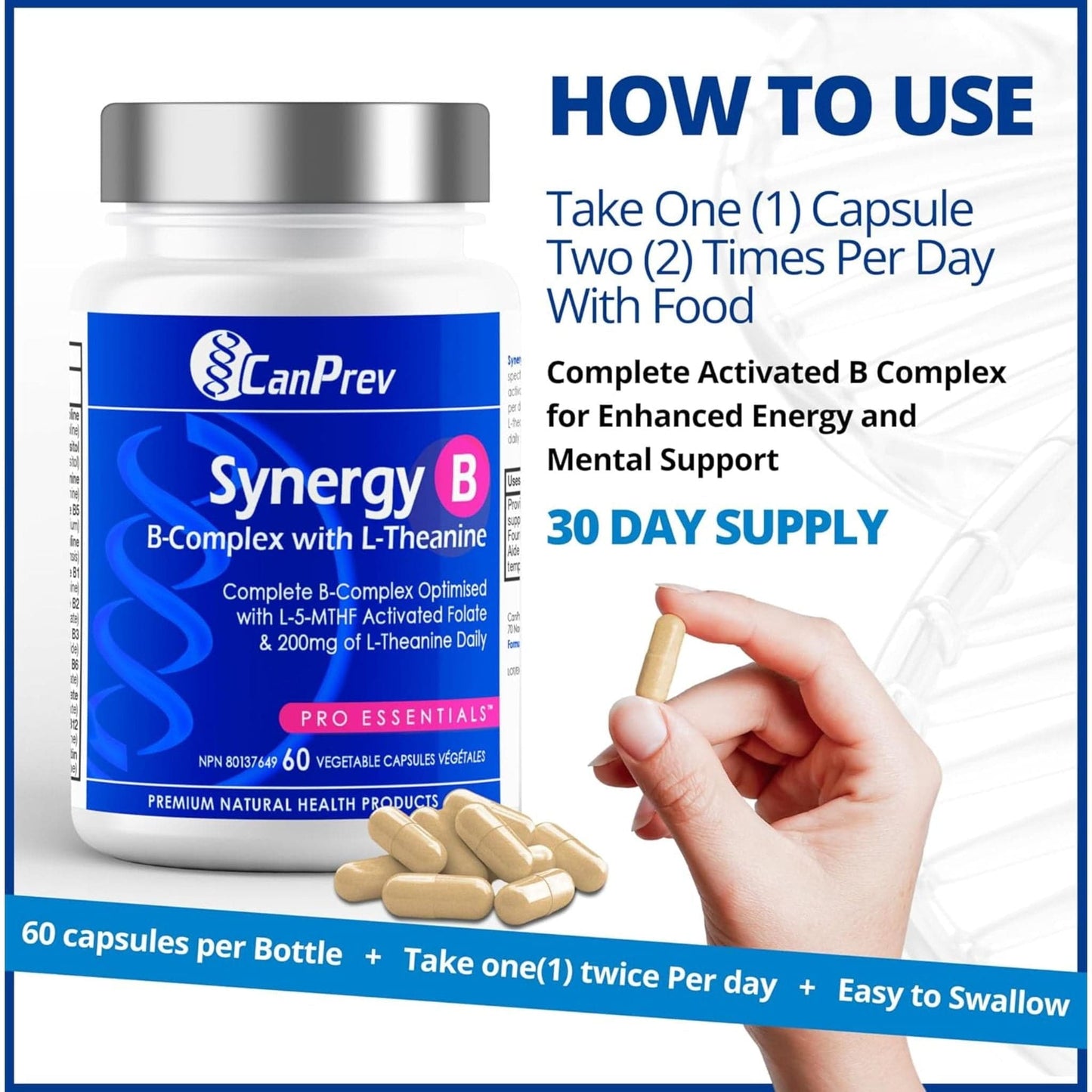 60 Vegetable Capsules | CanPrev Synergy B-Complex with L-Theanine