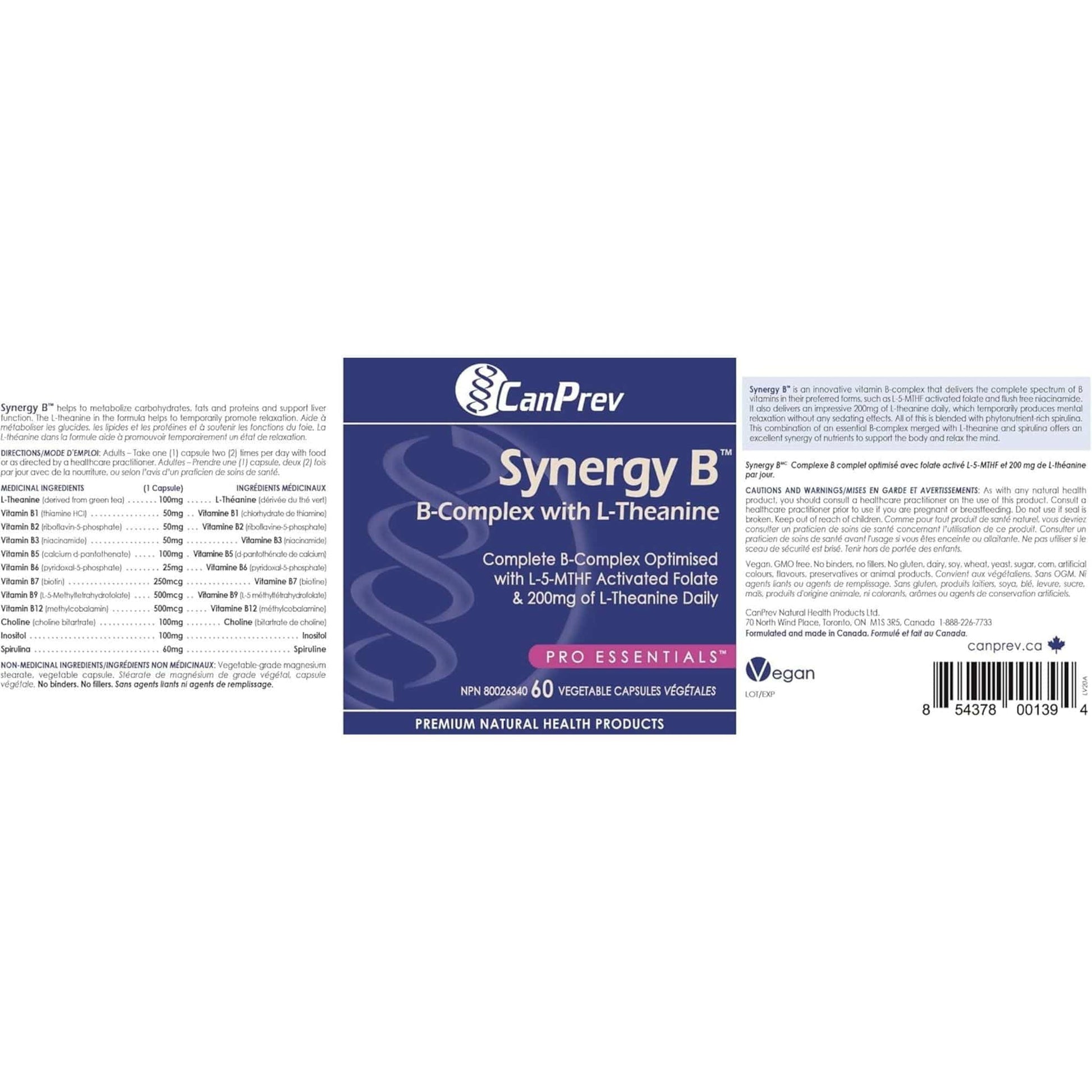 60 Vegetable Capsules | CanPrev Synergy B-Complex with L-Theanine