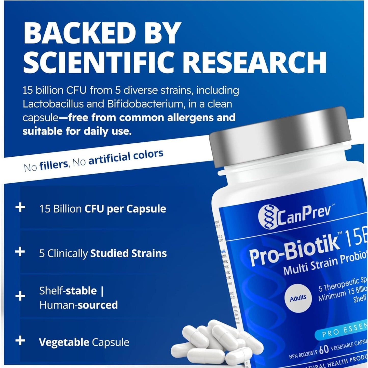 60 Vegetable Capsules | CanPrev Pro-Biotik 15 Billion Multi Strain Probiotic