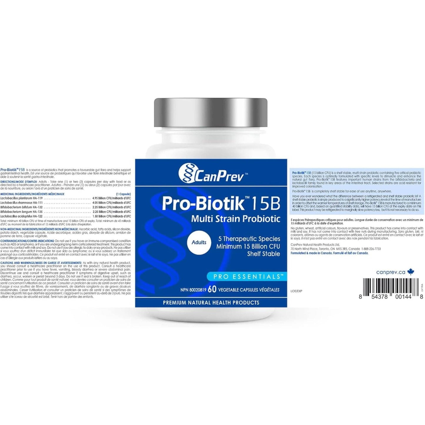 60 Vegetable Capsules | CanPrev Pro-Biotik 15 Billion Multi Strain Probiotic