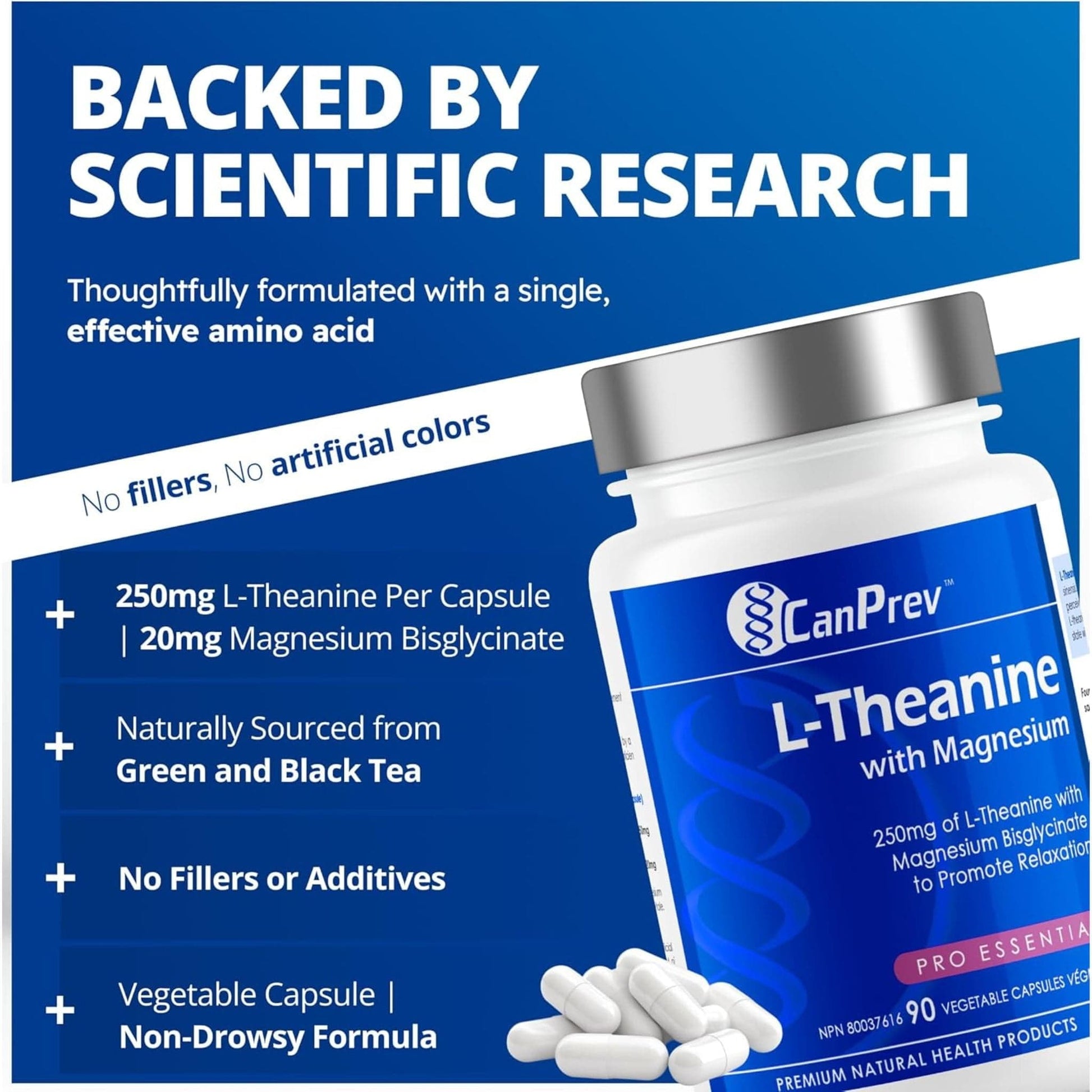 90 Vegetable Capsules | CanPrev L-Theanine 250mg with Magnesium Bisglycinate 20mg