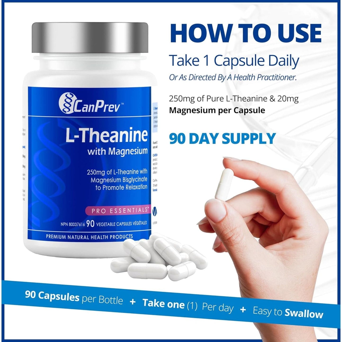 90 Vegetable Capsules | CanPrev L-Theanine 250mg with Magnesium Bisglycinate 20mg