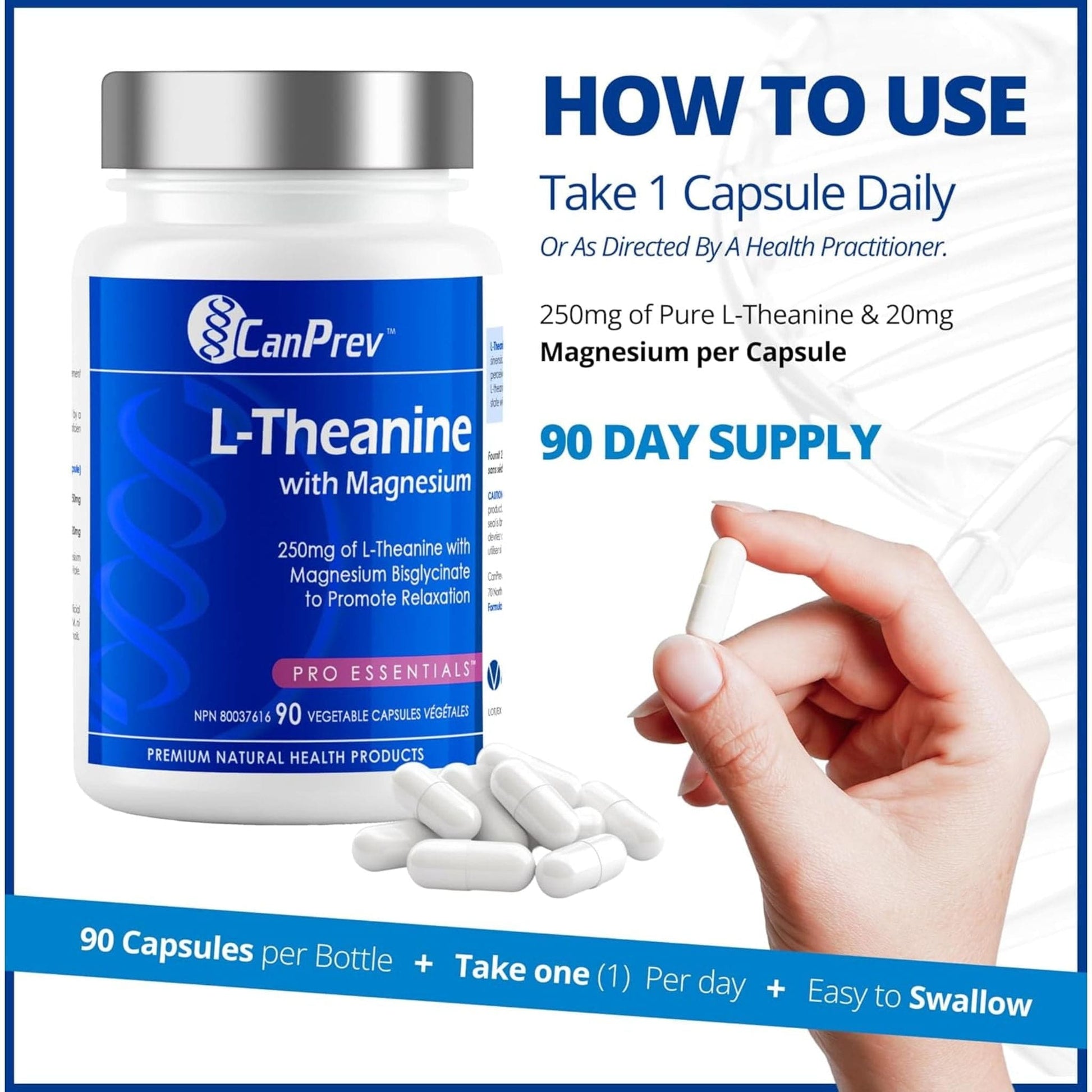 90 Vegetable Capsules | CanPrev L-Theanine 250mg with Magnesium Bisglycinate 20mg