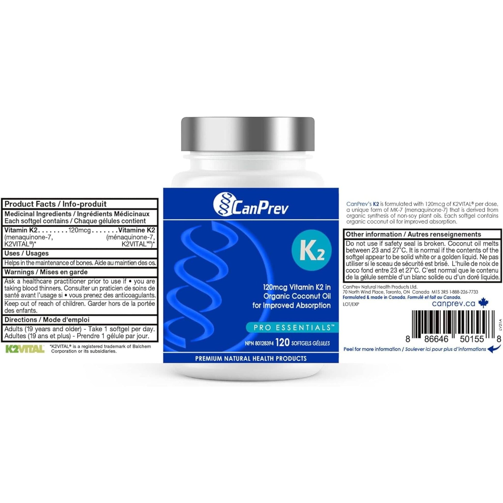 120 Softgels | CanPrev Vitamin K2 120mcg in Organic Coconut Oil
