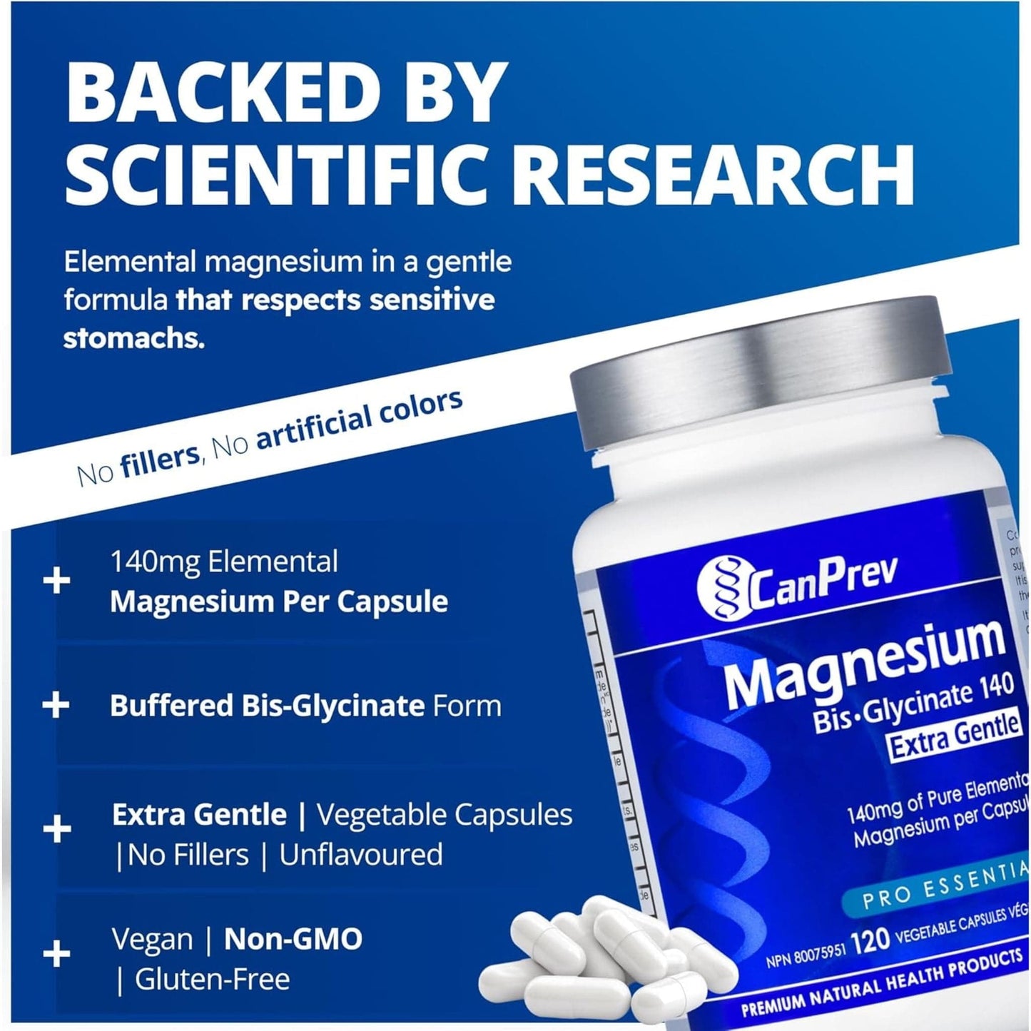120 Vegetable Capsules | CanPrev Magnesium Bis-Glycinate 140 Extra Gentle