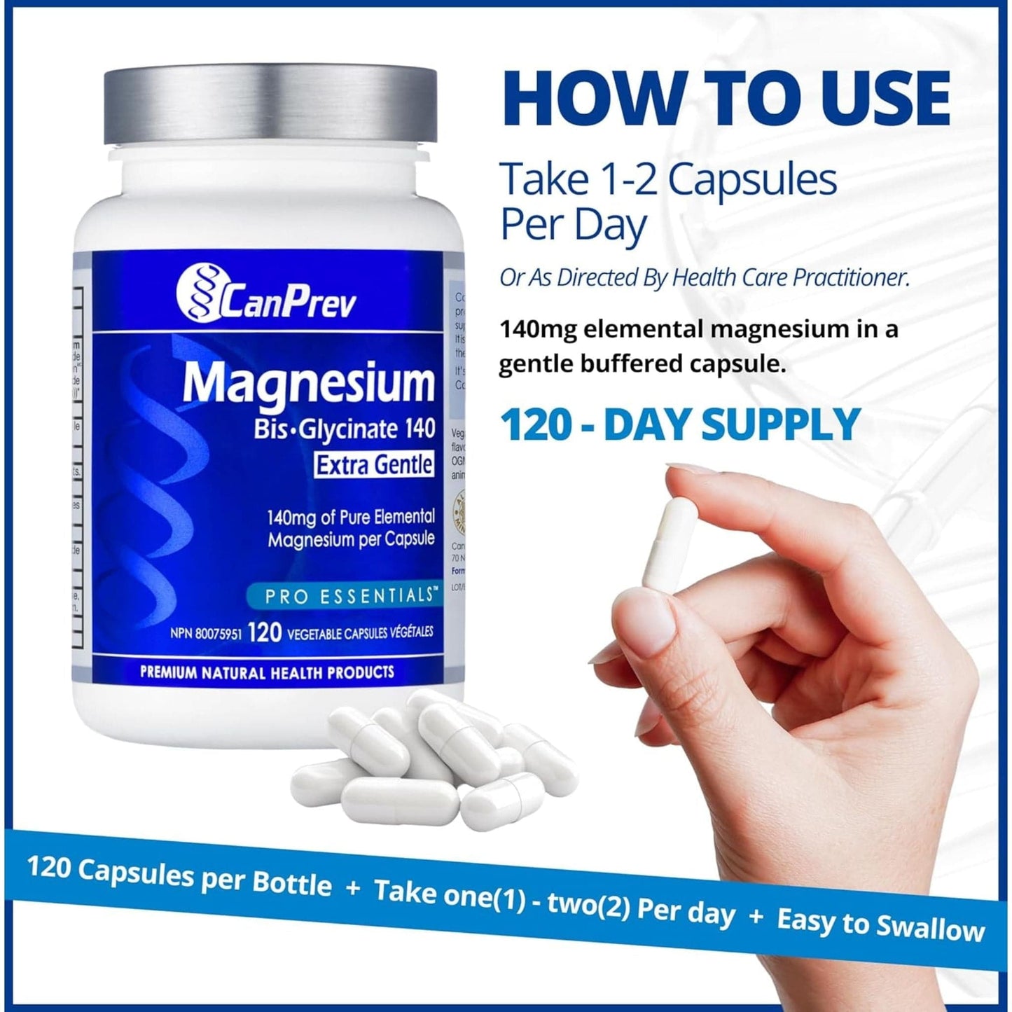 120 Vegetable Capsules | CanPrev Magnesium Bis-Glycinate 140 Extra Gentle