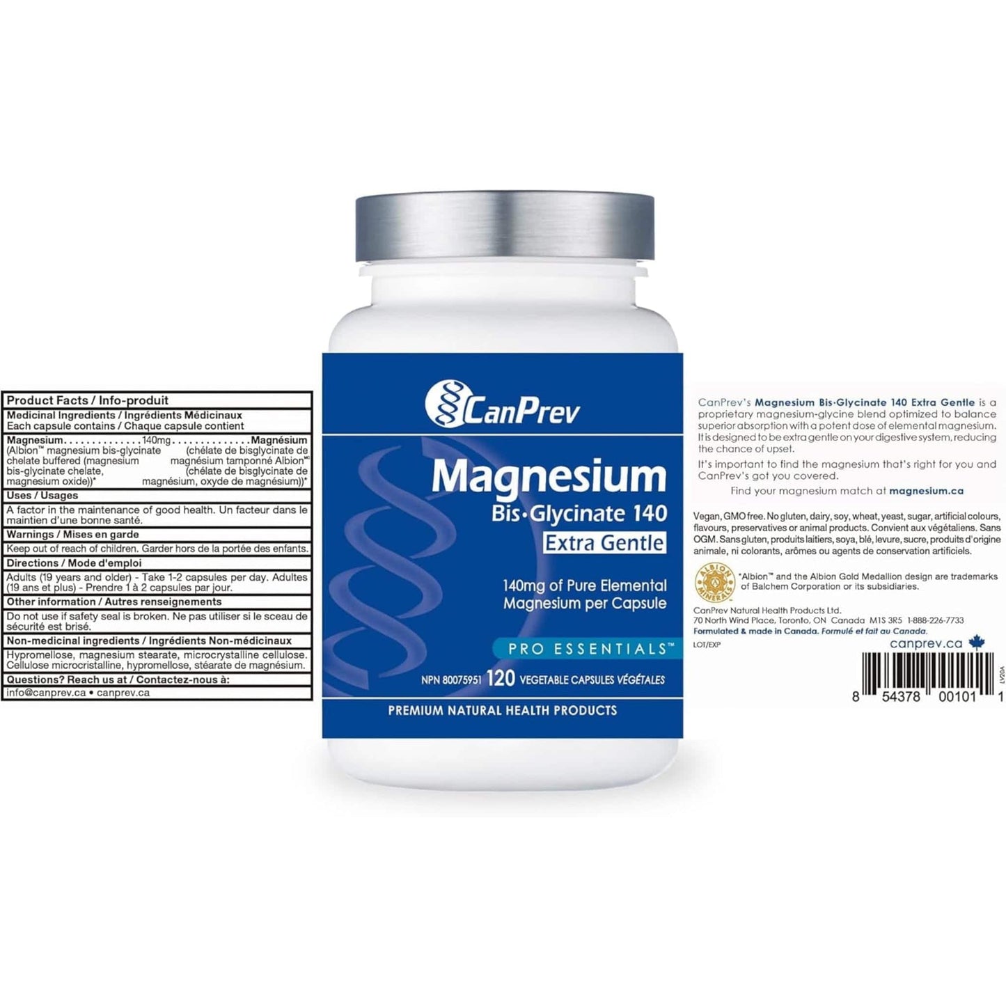 120 Vegetable Capsules | CanPrev Magnesium Bis-Glycinate 140 Extra Gentle
