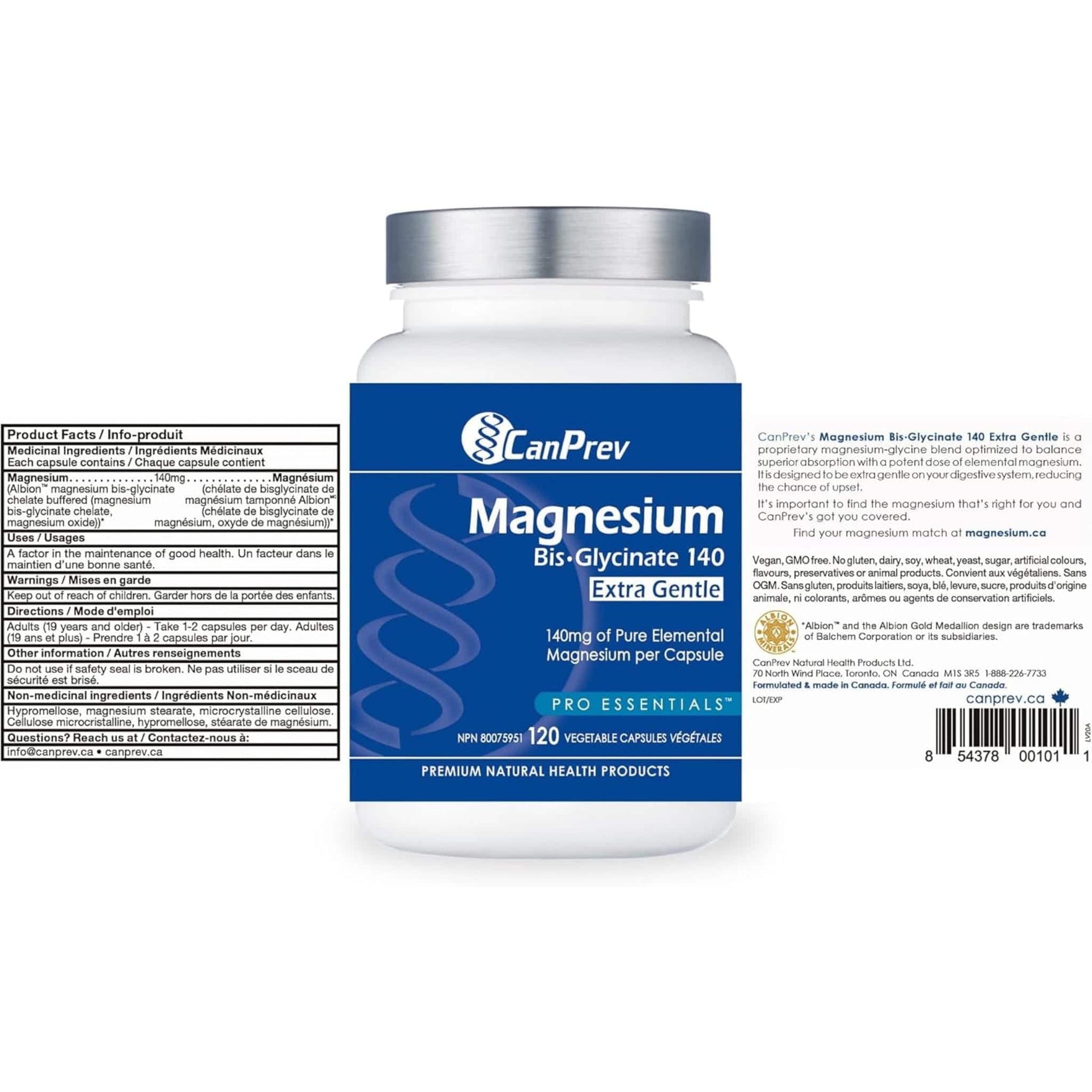 120 Vegetable Capsules | CanPrev Magnesium Bis-Glycinate 140 Extra Gentle
