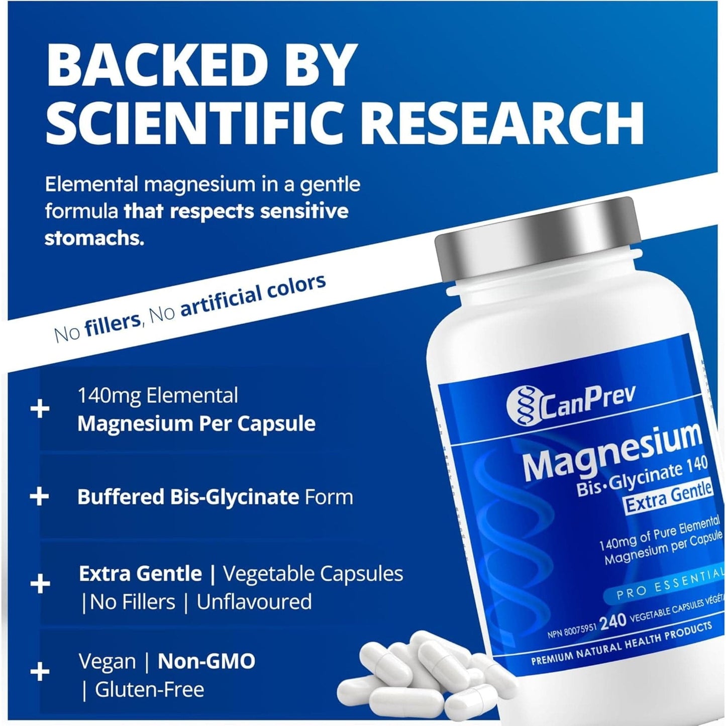 240 Vegetable Capsules | CanPrev Magnesium Bis-Glycinate 140 Extra Gentle