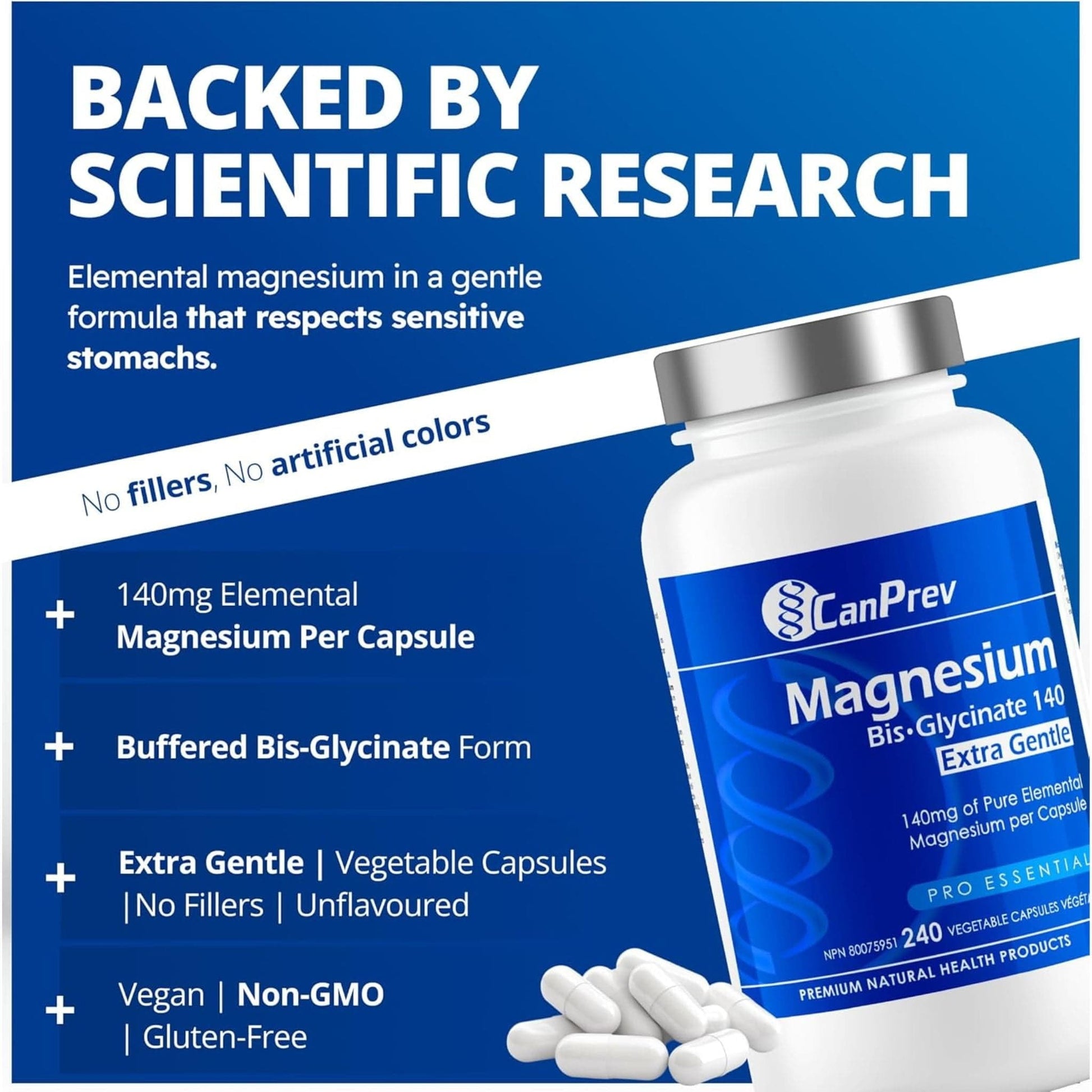 240 Vegetable Capsules | CanPrev Magnesium Bis-Glycinate 140 Extra Gentle