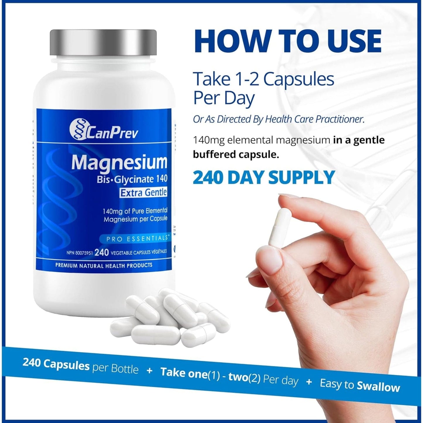 240 Vegetable Capsules | CanPrev Magnesium Bis-Glycinate 140 Extra Gentle