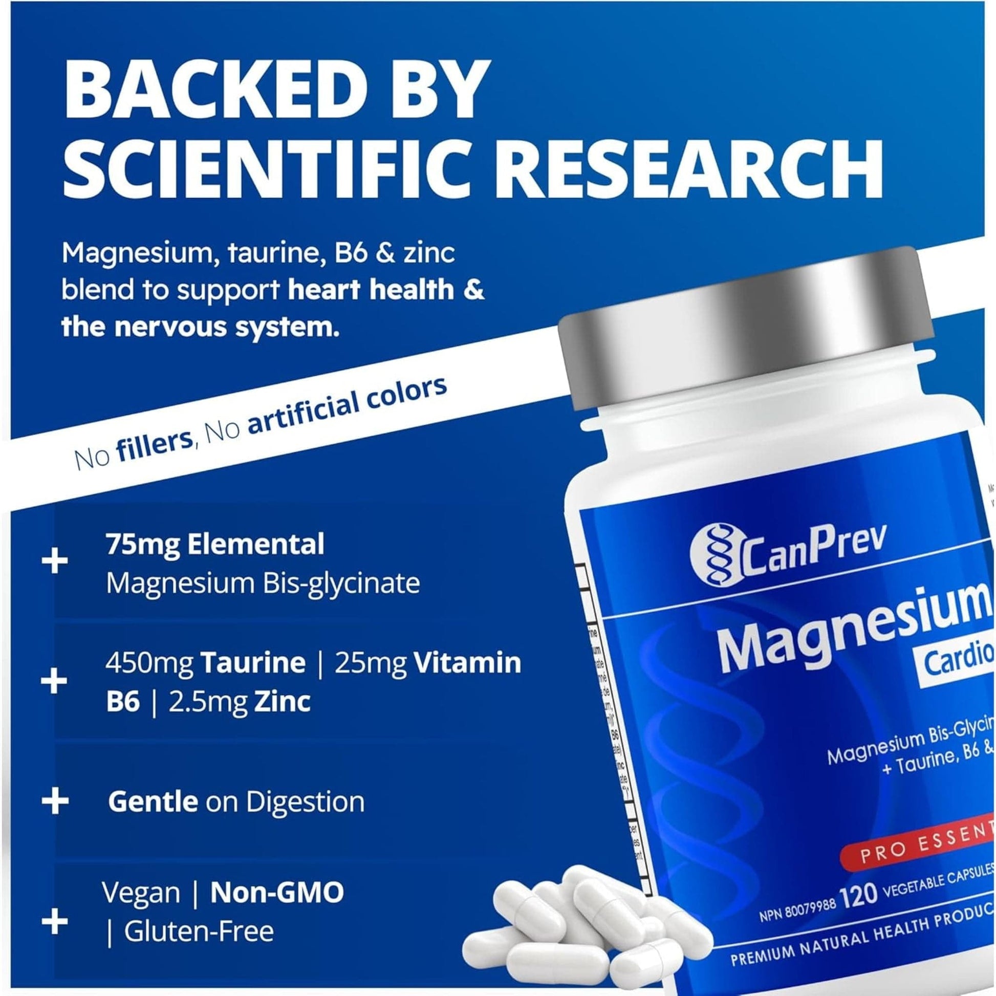 120 Vegetable Capsules | CanPrev Magnesium + Taurine, B6 & Zinc For Cardio