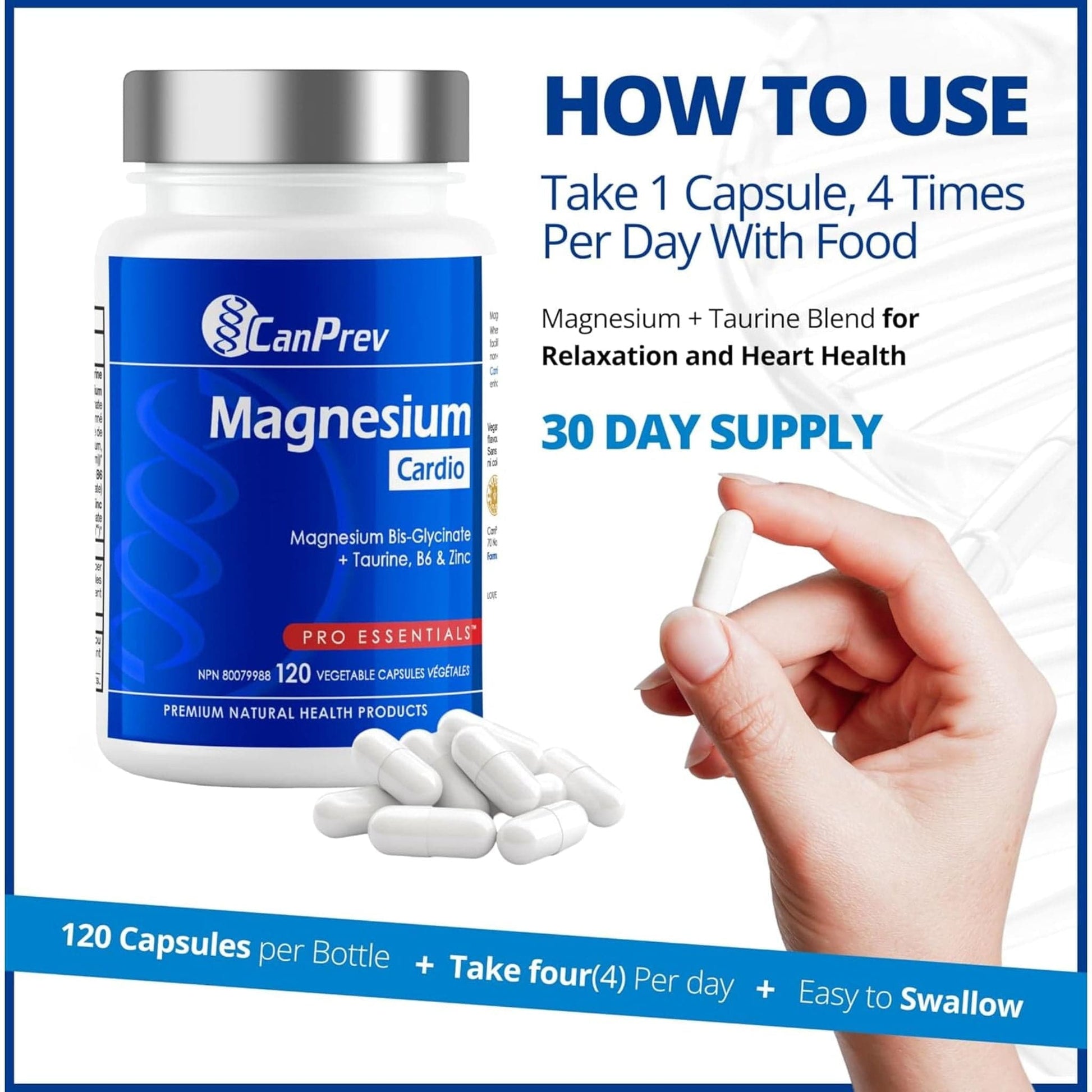 120 Vegetable Capsules | CanPrev Magnesium + Taurine, B6 & Zinc For Cardio