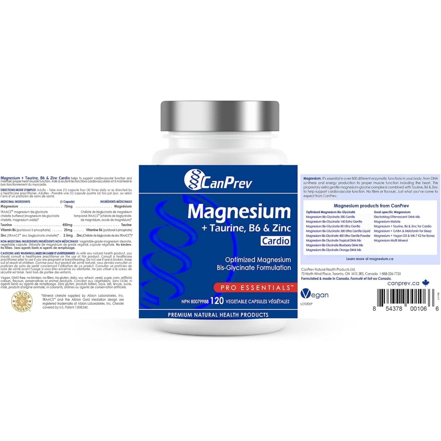 120 Vegetable Capsules | CanPrev Magnesium + Taurine, B6 & Zinc For Cardio