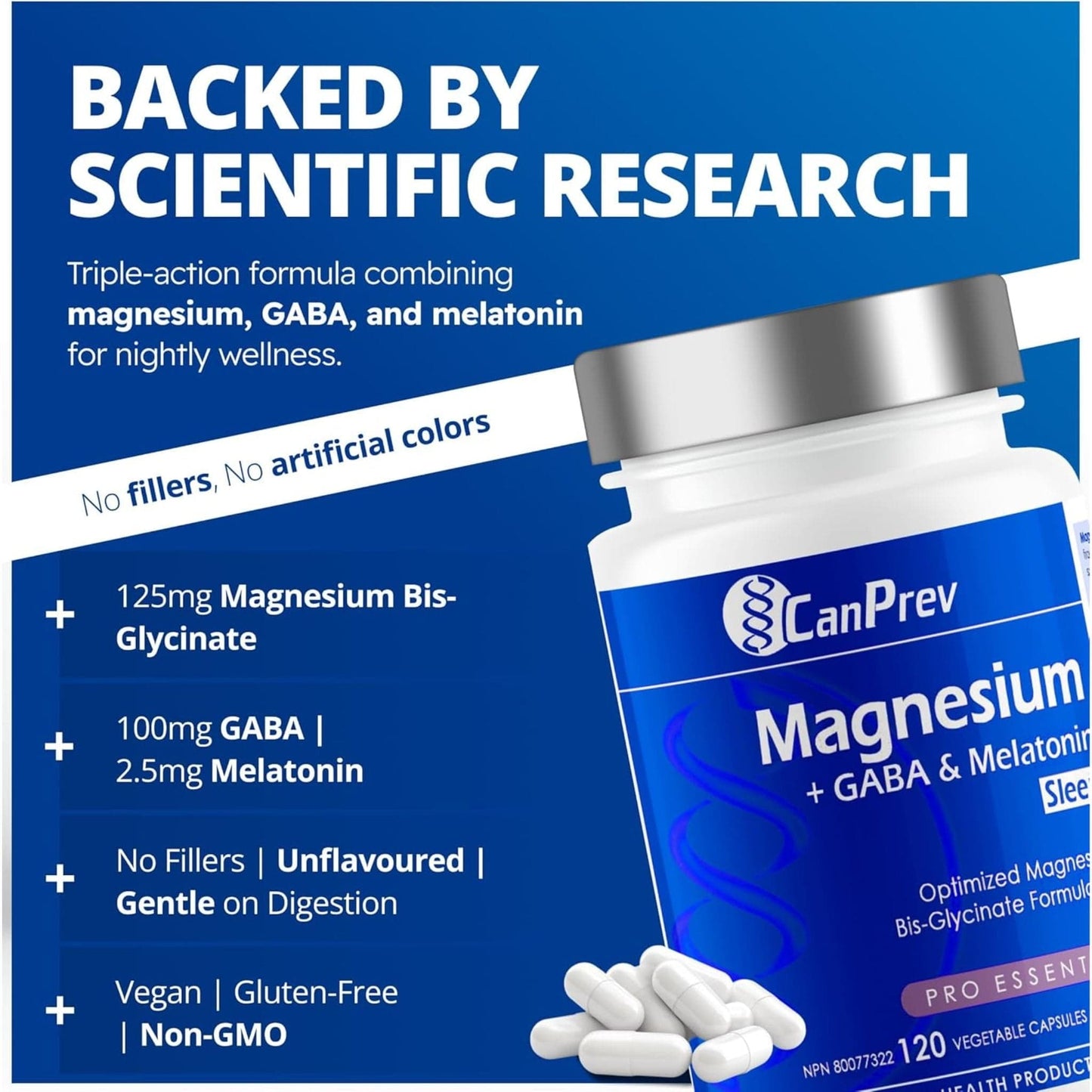 CanPrev Magnesium + GABA & Melatonin For Sleep (125mg + 100mg & 2.5mg), 120 Vegetable Capsules