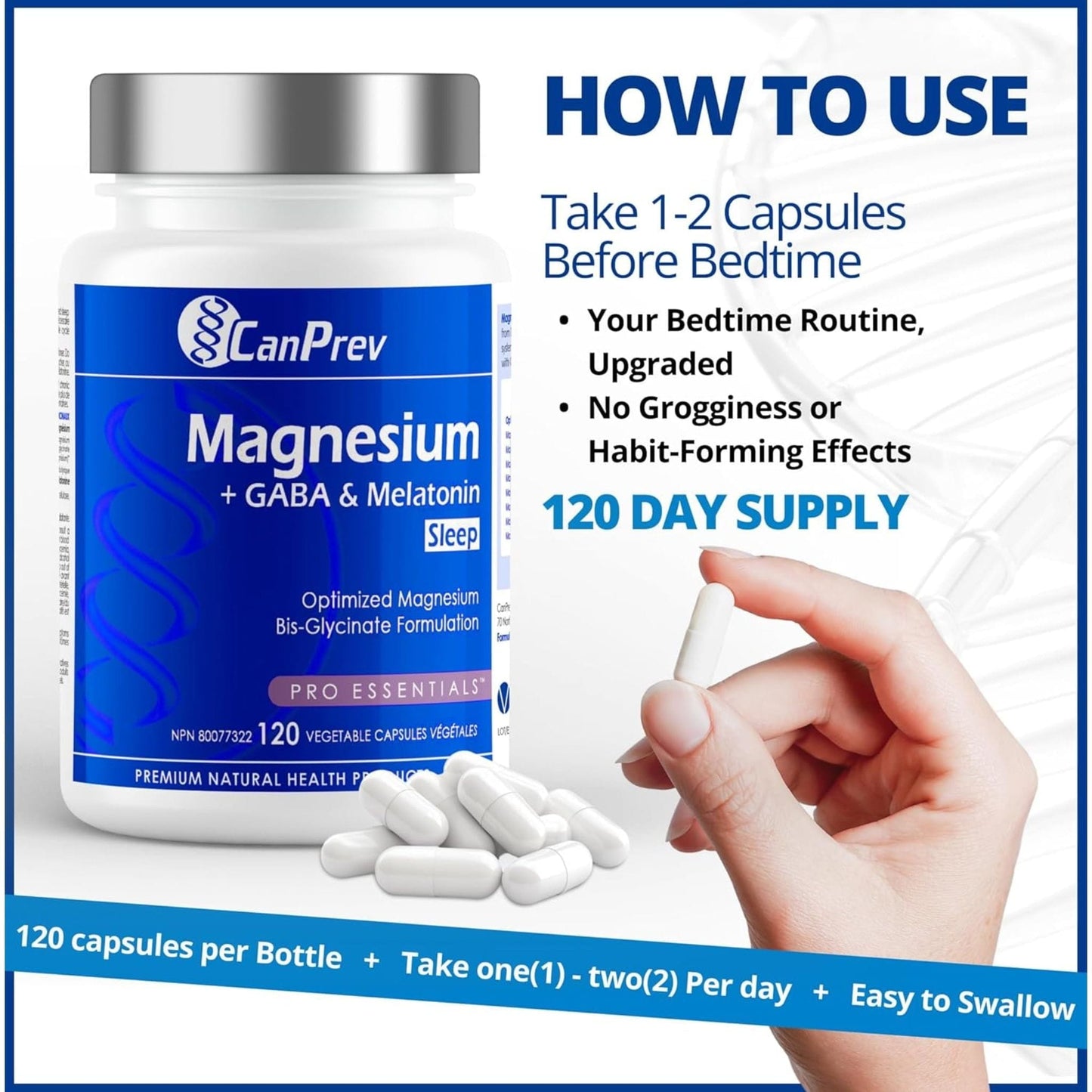 CanPrev Magnesium + GABA & Melatonin For Sleep (125mg + 100mg & 2.5mg), 120 Vegetable Capsules