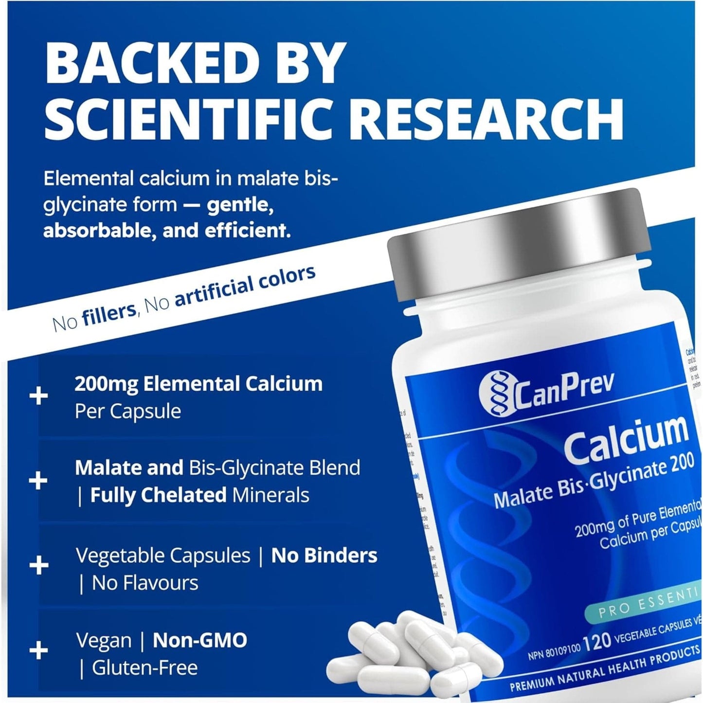 120 Vegetable Capsules | CanPrev Calcium Malate Bis-Glycinate 200mg