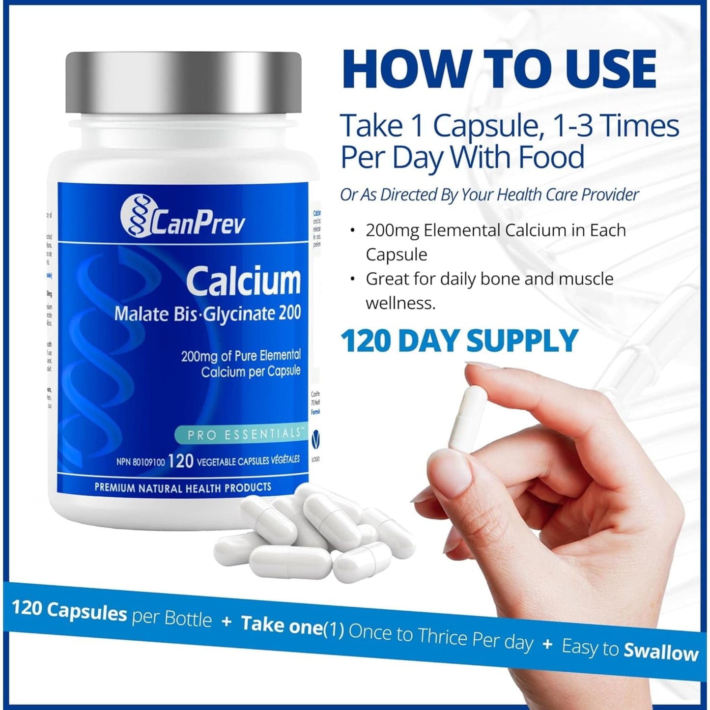 120 Vegetable Capsules | CanPrev Calcium Malate Bis-Glycinate 200mg
