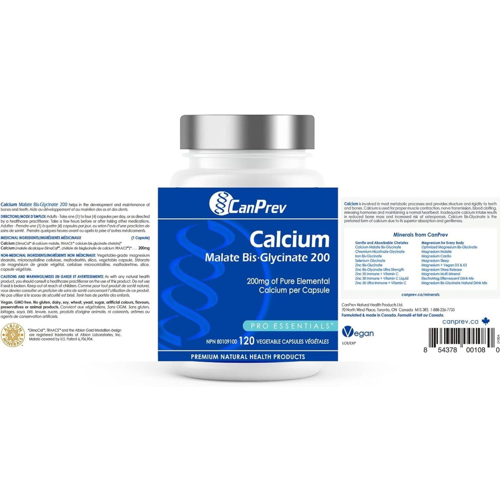 120 Vegetable Capsules | CanPrev Calcium Malate Bis-Glycinate 200mg