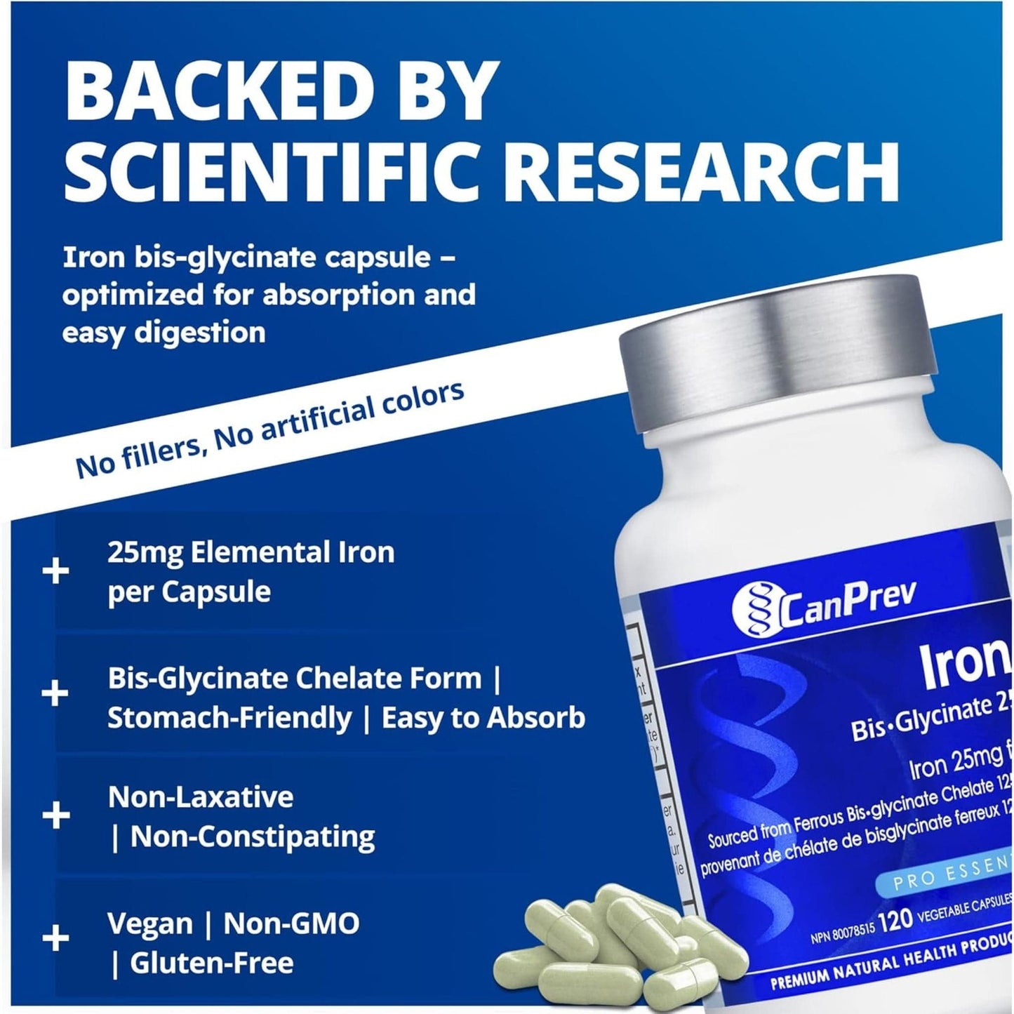 120 Vegetable Capsules | CanPrev Iron Bis-Glycinate 25mg